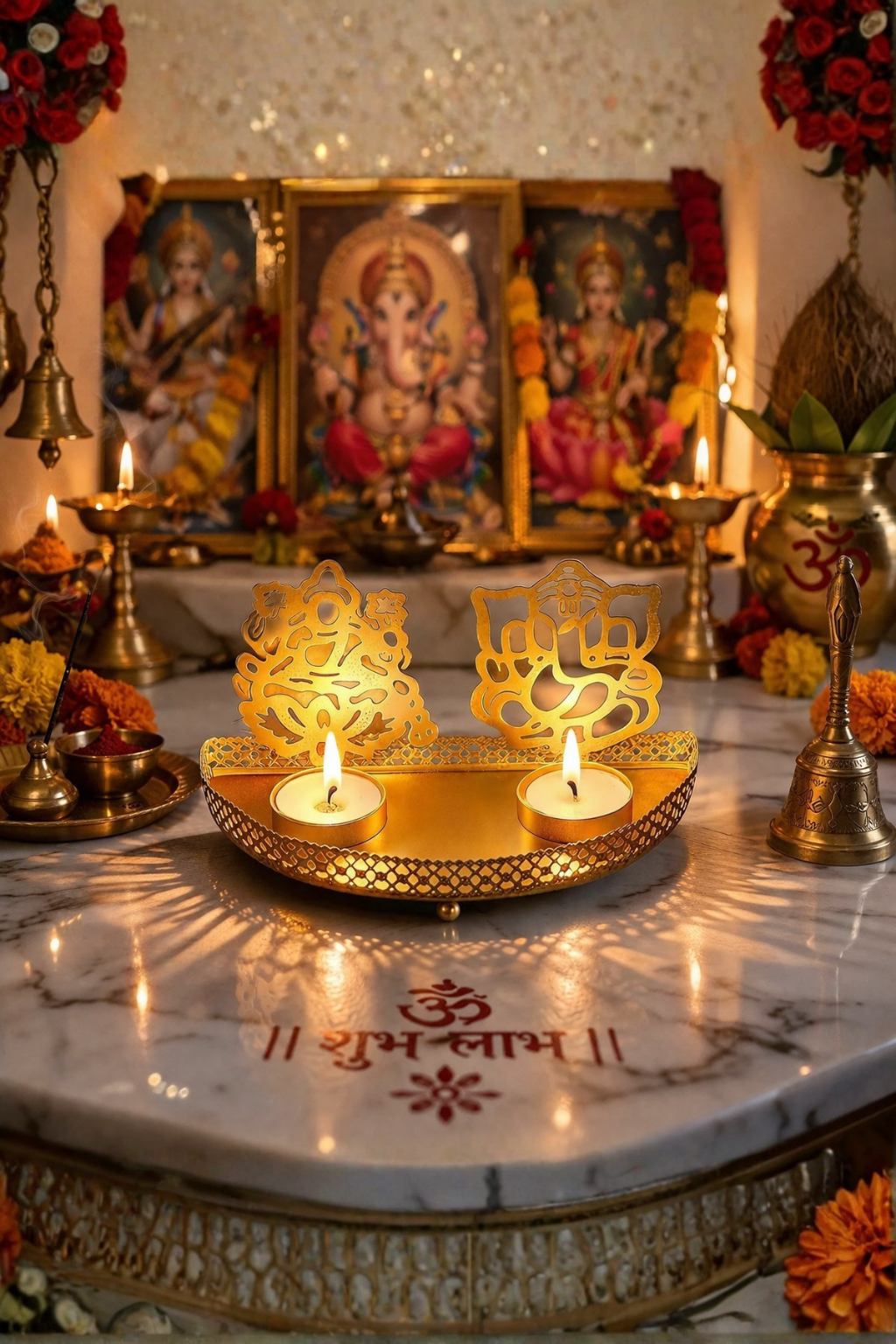 Modern Metal Ganesha Ji & Laxmi Ji Tea Light Candle Holder | 2 Cup Wall Mounted Diya Stand | Decorative Spiritual Wall Décor for Home & Festive Lighting