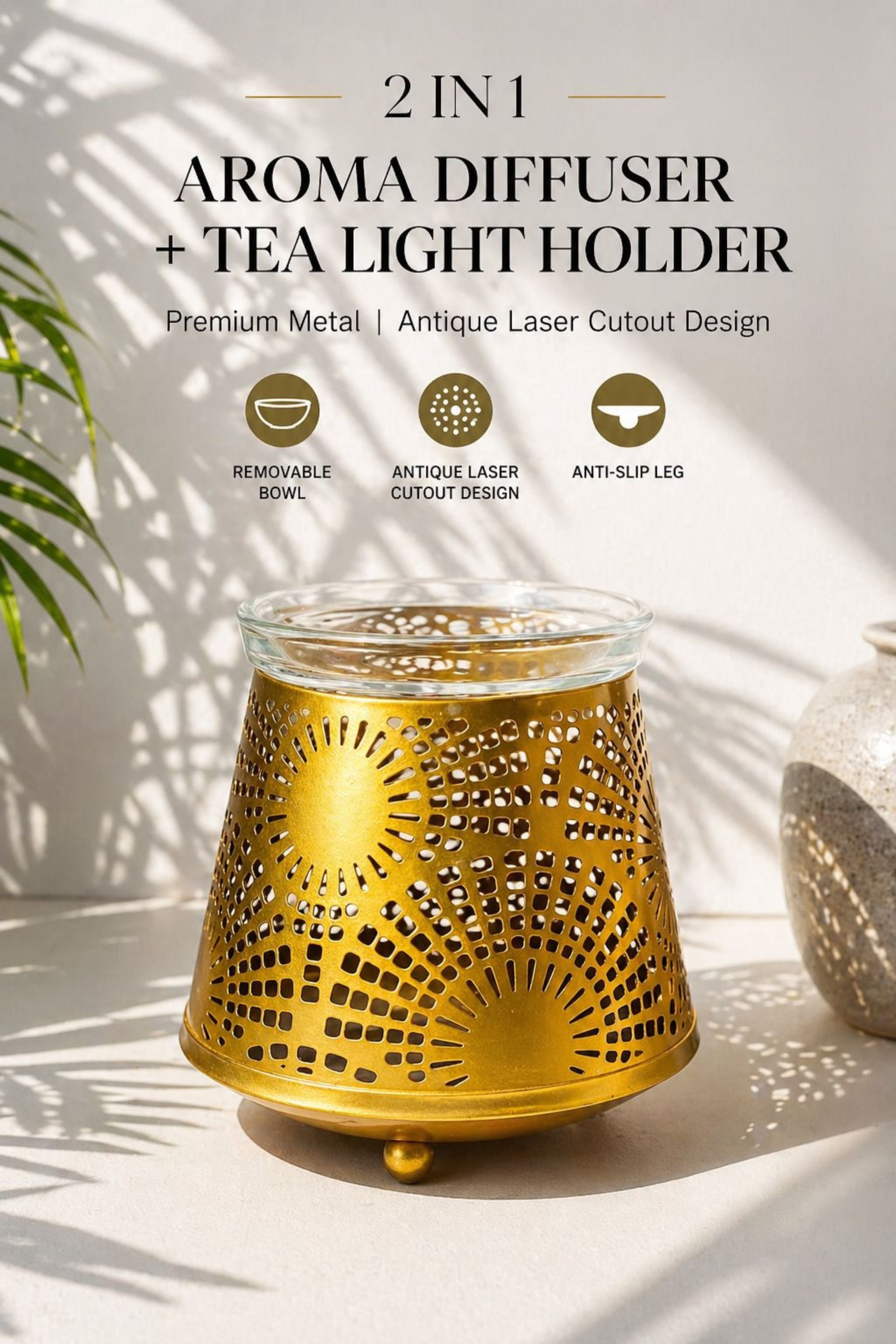 Golden Sunburst Tealight Aroma Diffuser with Decorative Cutwork Design | Essential Oil Burner with Glass Bowl for Home, Spa & Relaxation | Fragrance Diffuser with Free 10ml Aroma Oil & 2 Tea Light Candles