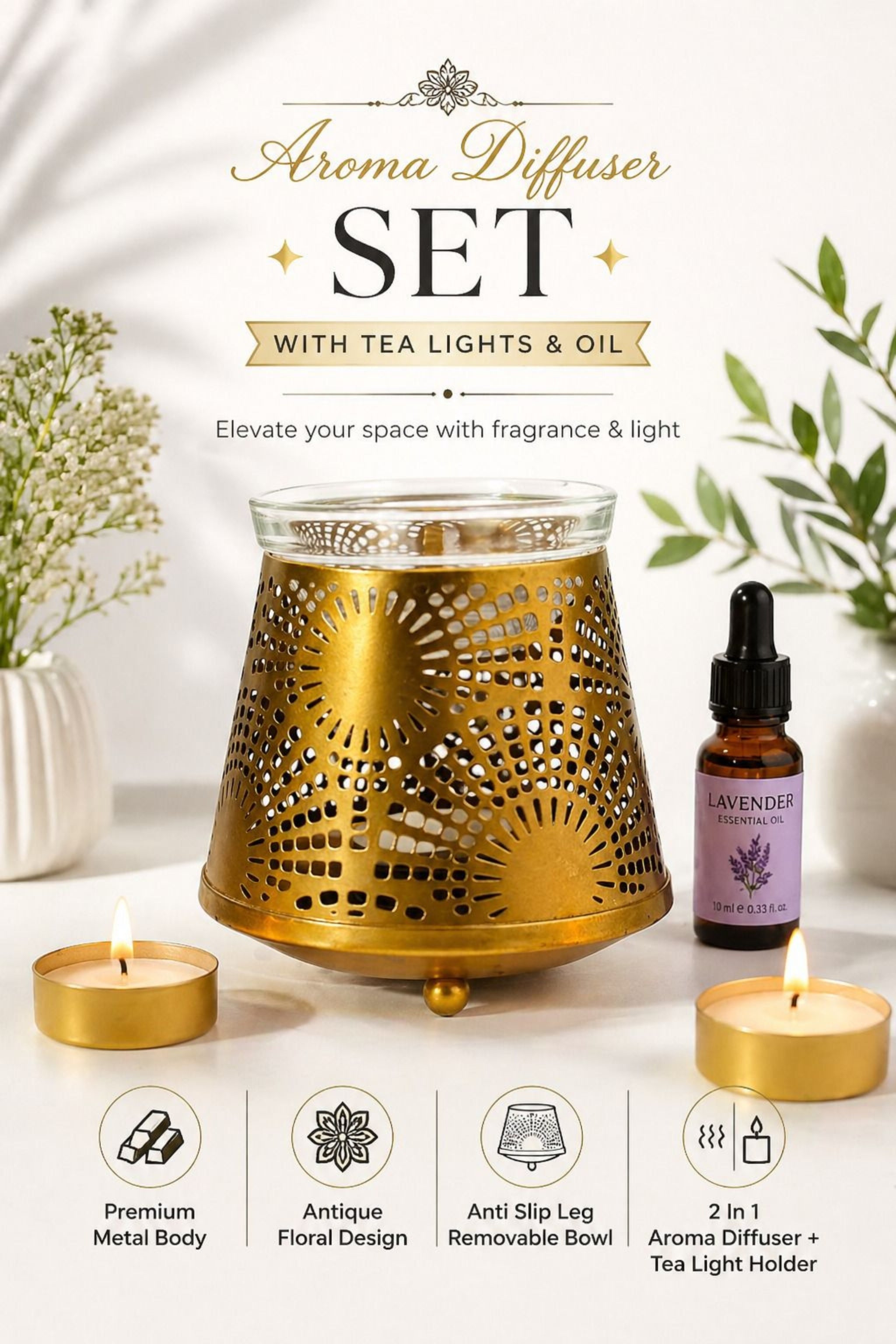 Golden Sunburst Tealight Aroma Diffuser with Decorative Cutwork Design | Essential Oil Burner with Glass Bowl for Home, Spa & Relaxation | Fragrance Diffuser with Free 10ml Aroma Oil & 2 Tea Light Candles
