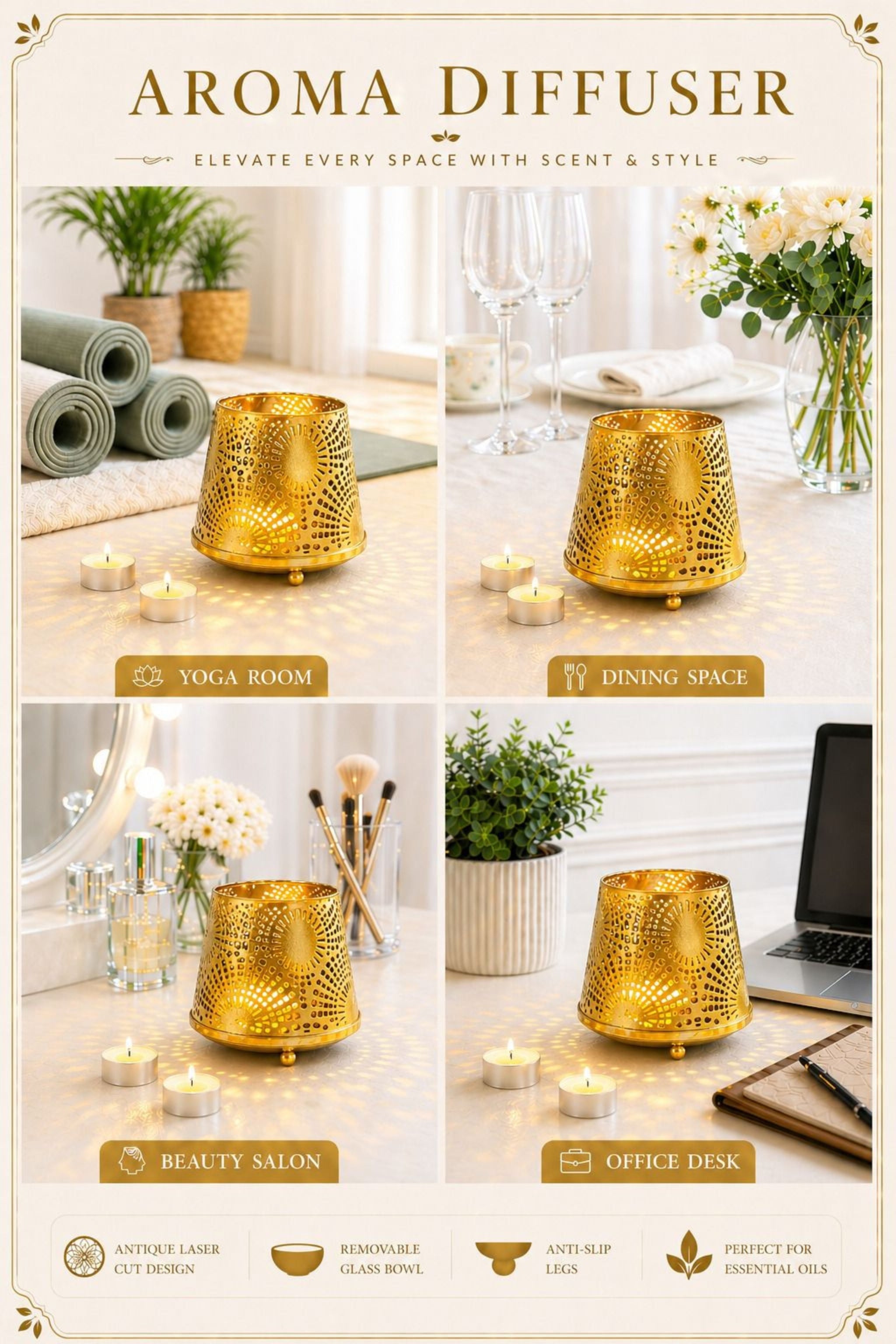 Golden Sunburst Tealight Aroma Diffuser with Decorative Cutwork Design | Essential Oil Burner with Glass Bowl for Home, Spa & Relaxation | Fragrance Diffuser with Free 10ml Aroma Oil & 2 Tea Light Candles