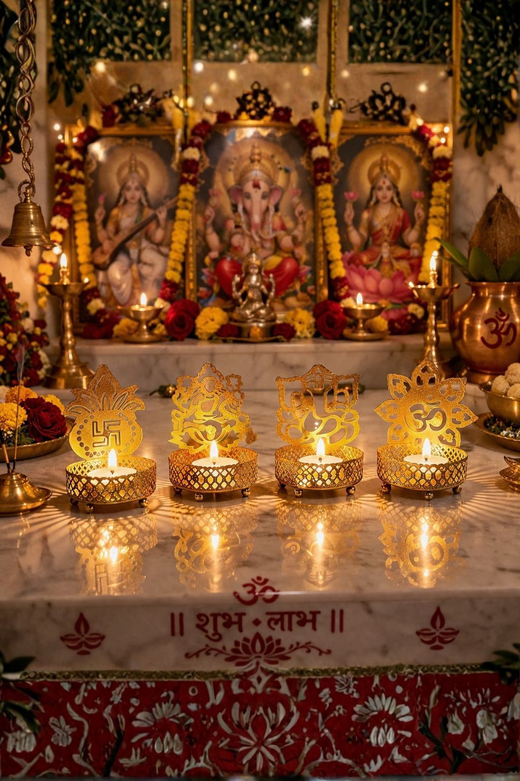 Modern Metal Tea Light Candle Holder Set | 4 Piece Spiritual Design Diya Stand | Decorative Table Décor for Home & Festive Lighting
