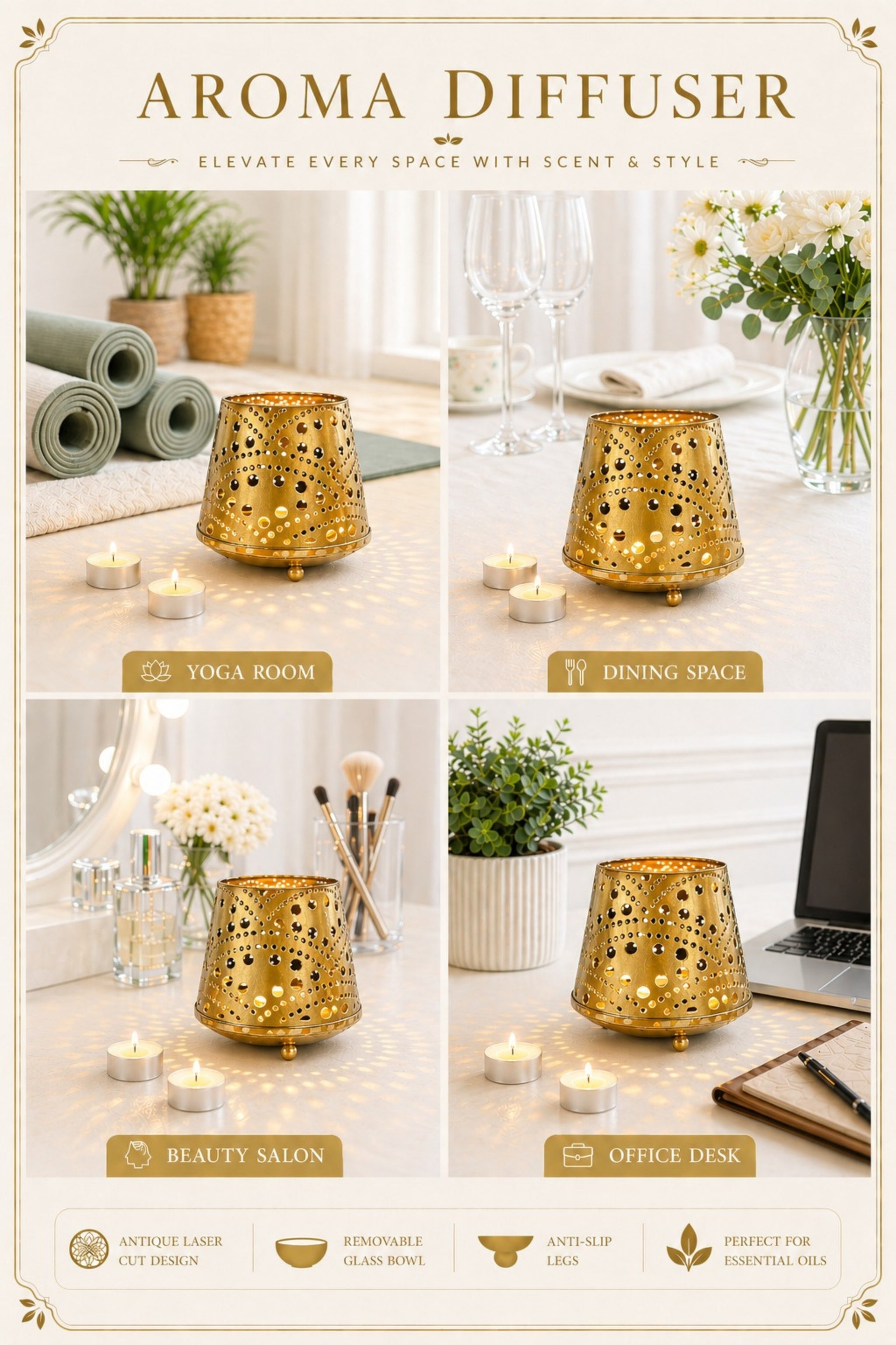 Golden Tealight Aroma Diffuser with Dot Cutwork Design | Essential Oil Burner with Glass Bowl for Home, Spa & Relaxation | Fragrance Diffuser with Free 10ml Aroma Oil & 2 Tea Light Candles