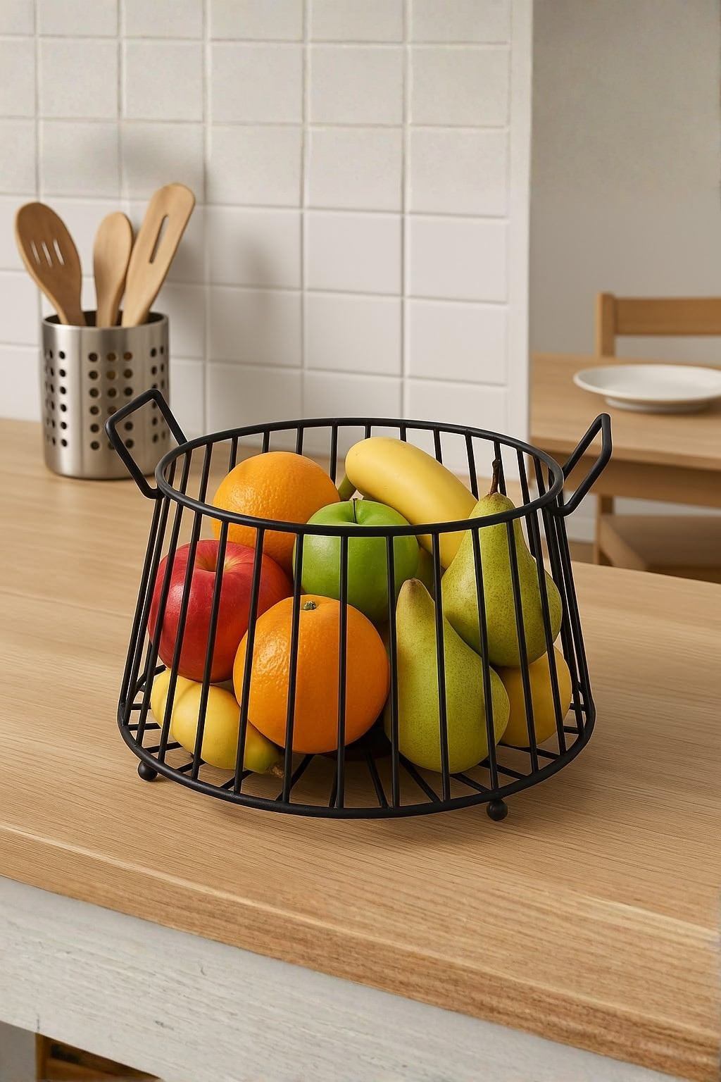 Modern Metal Fruit Basket | Round Wire Storage Basket with Handles | Decorative Kitchen & Dining Table Organizer