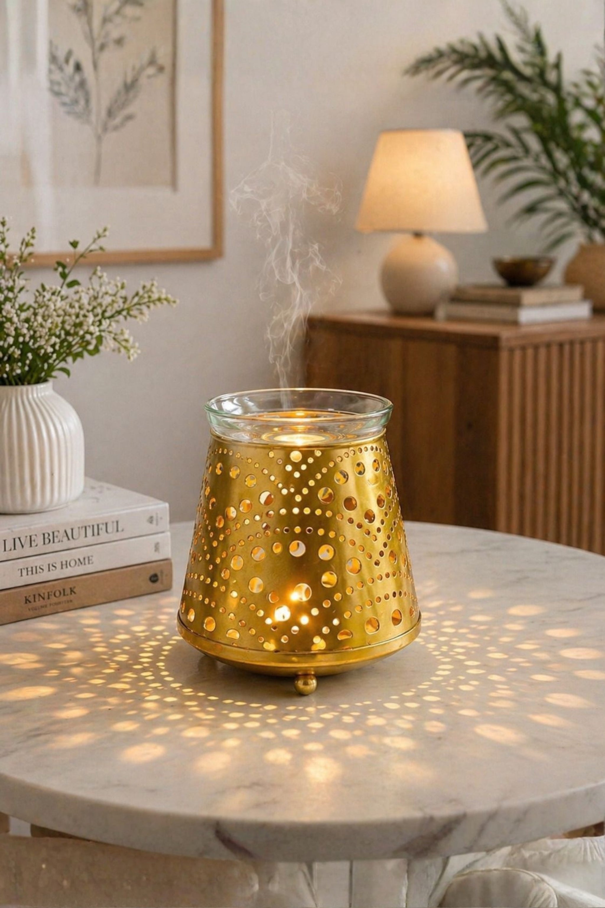 Golden Tealight Aroma Diffuser with Dot Cutwork Design | Essential Oil Burner with Glass Bowl for Home, Spa & Relaxation | Fragrance Diffuser with Free 10ml Aroma Oil & 2 Tea Light Candles