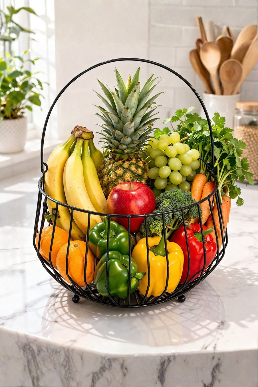 Modern Metal Fruit Basket with Handle | Round Wire Storage Basket | Kitchen & Dining Table Organizer