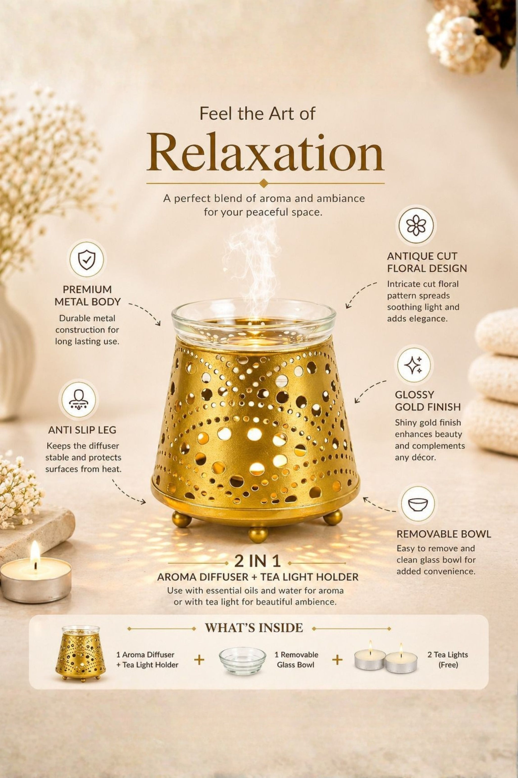 Golden Tealight Aroma Diffuser with Dot Cutwork Design | Essential Oil Burner with Glass Bowl for Home, Spa & Relaxation | Fragrance Diffuser with Free 10ml Aroma Oil & 2 Tea Light Candles