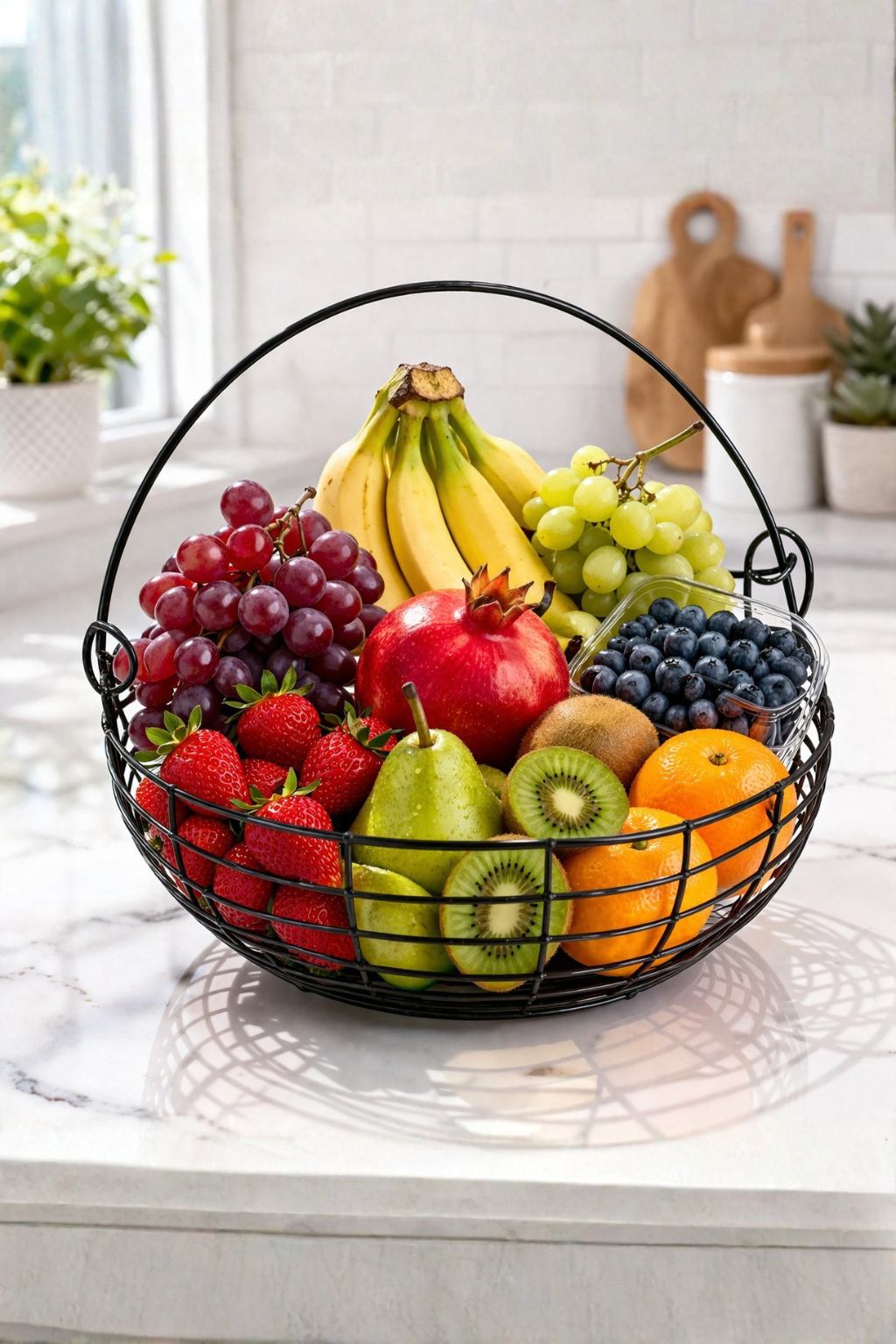 Modern Metal Fruit & Vegetable Basket | Large Round Wire Storage Basket with Handle | Kitchen & Dining Organizer