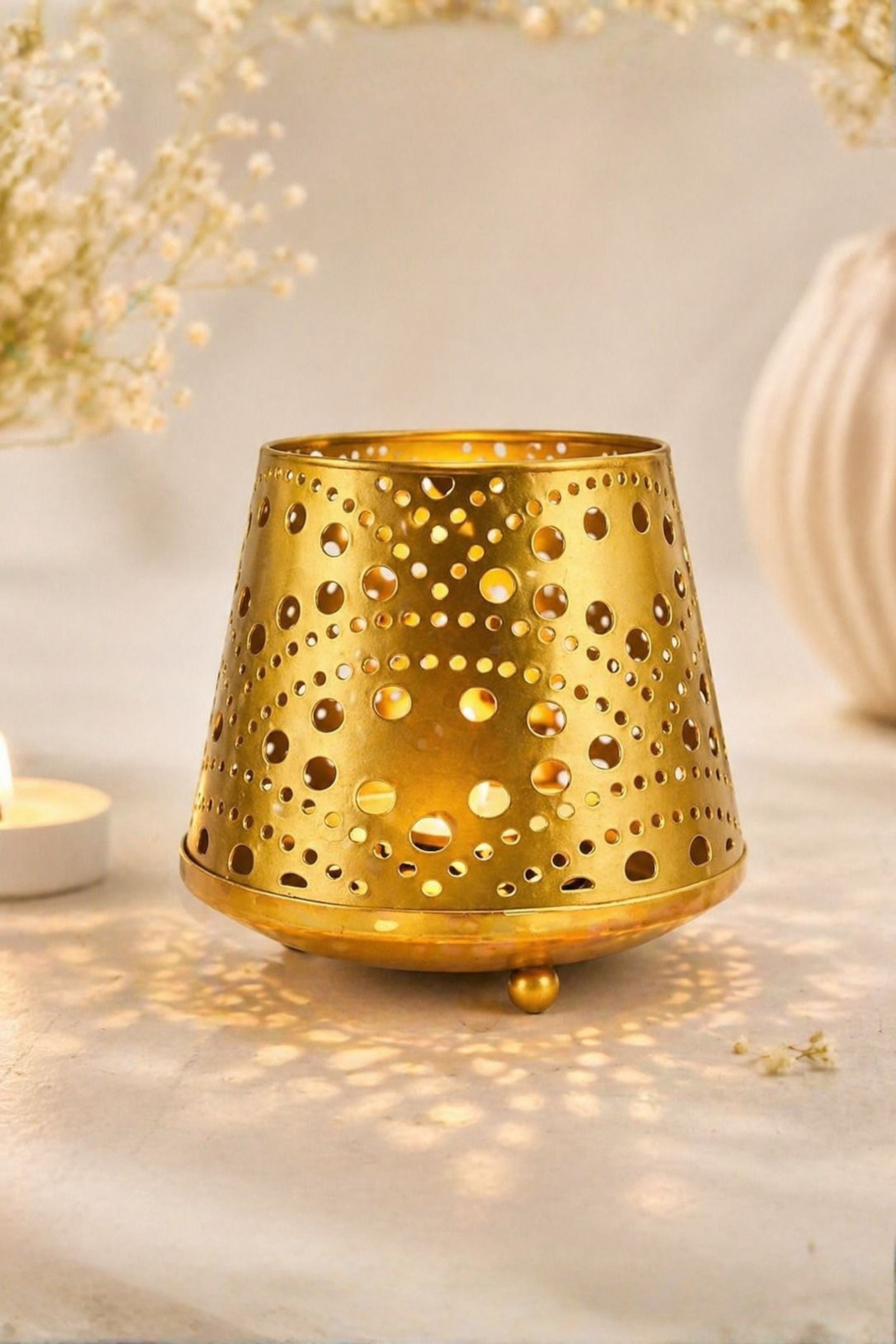 Golden Tealight Aroma Diffuser with Dot Cutwork Design | Essential Oil Burner with Glass Bowl for Home, Spa & Relaxation | Fragrance Diffuser with Free 10ml Aroma Oil & 2 Tea Light Candles