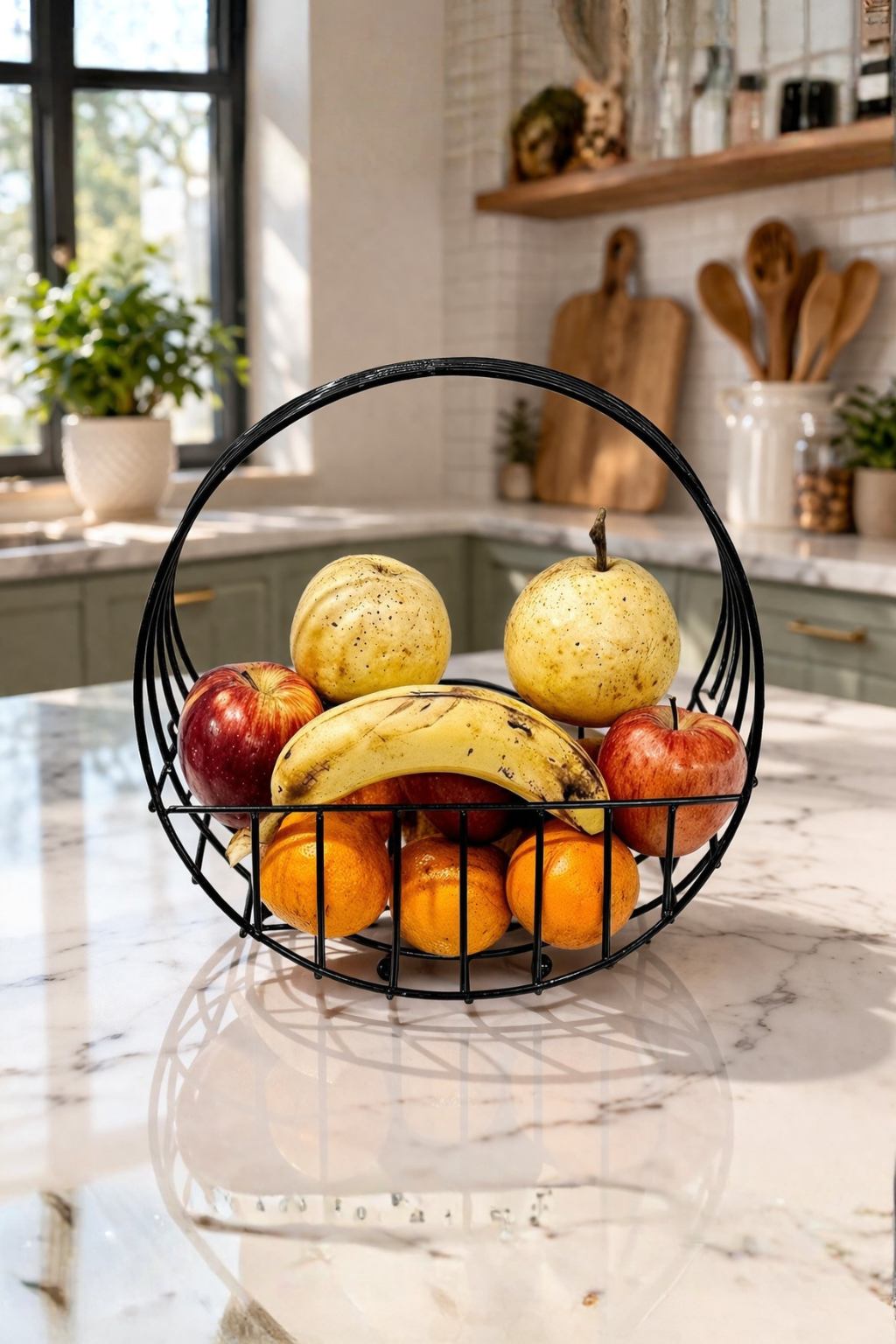 Modern Metal Fruit Basket with Arch Handle | Semi Round Wire Storage Basket | Kitchen & Dining Organizer