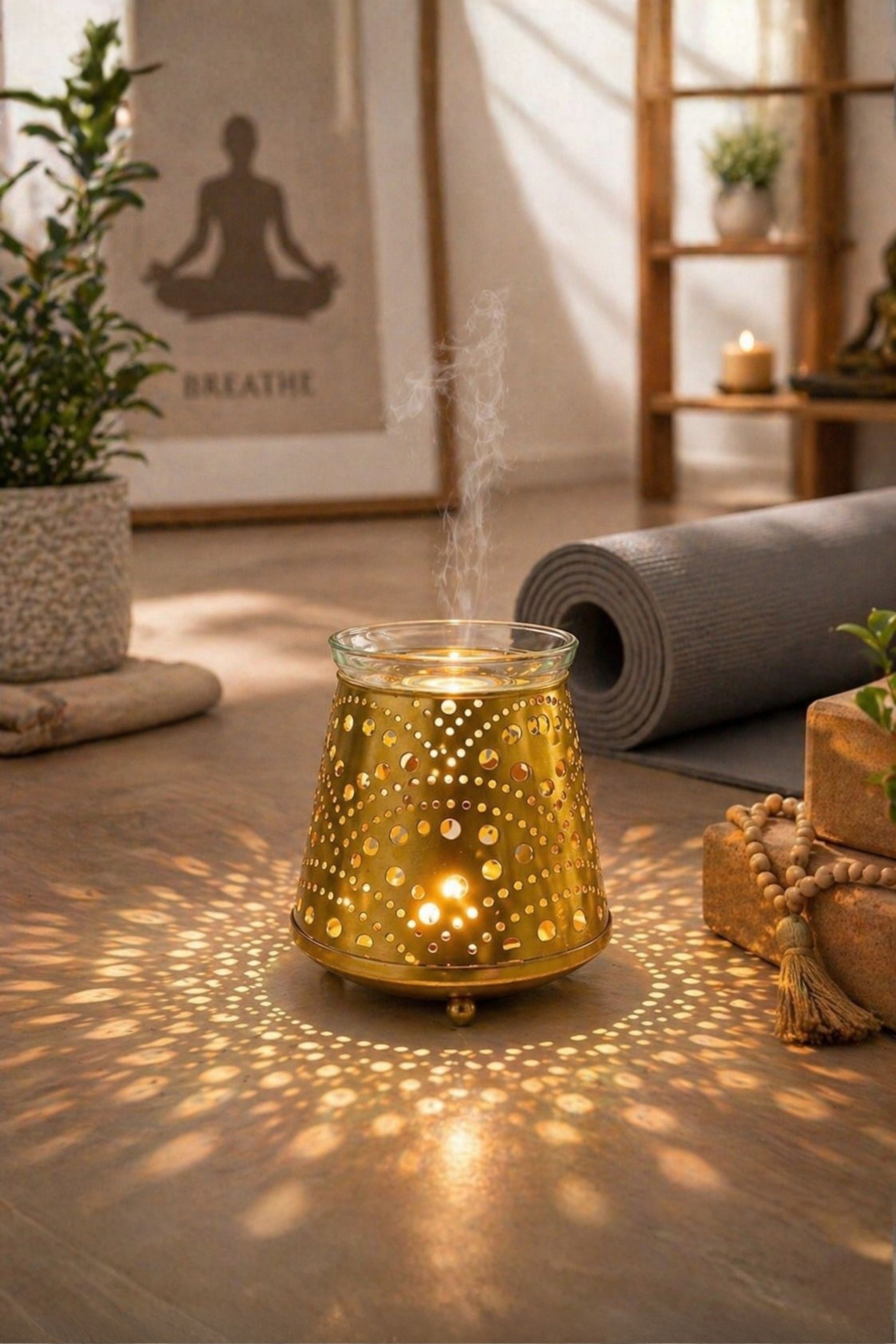 Golden Tealight Aroma Diffuser with Dot Cutwork Design | Essential Oil Burner with Glass Bowl for Home, Spa & Relaxation | Fragrance Diffuser with Free 10ml Aroma Oil & 2 Tea Light Candles