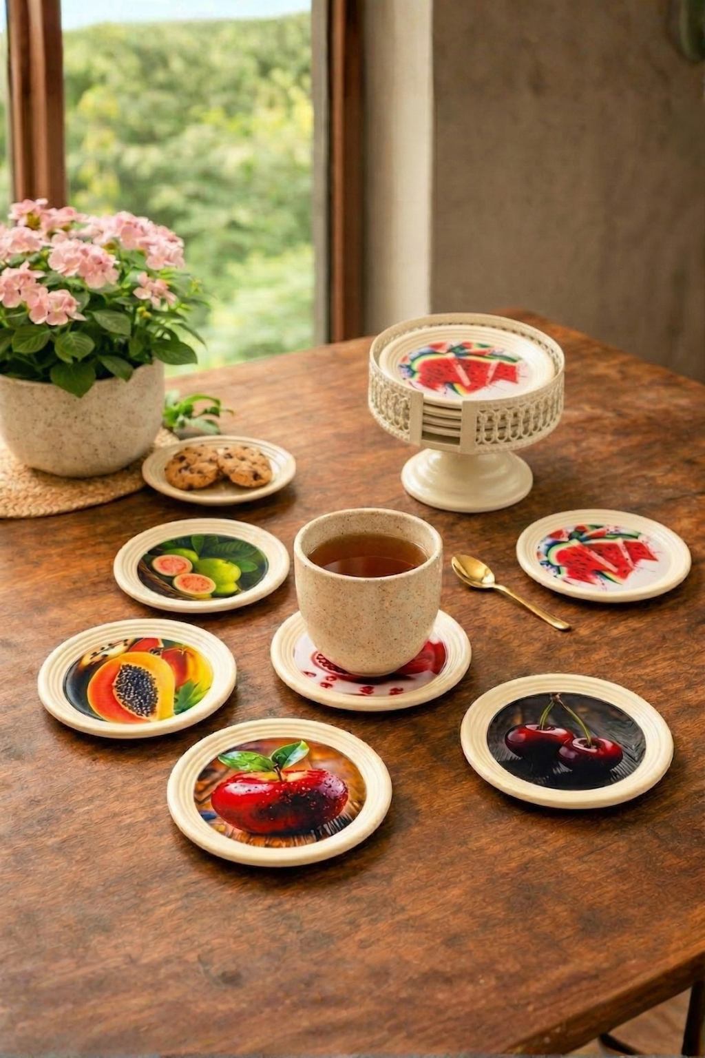 Resin Coated Metal Coaster Set of 6 with Stand | Fruit Print Tea Coffee Coasters | Waterproof Heat Resistant Table Coasters