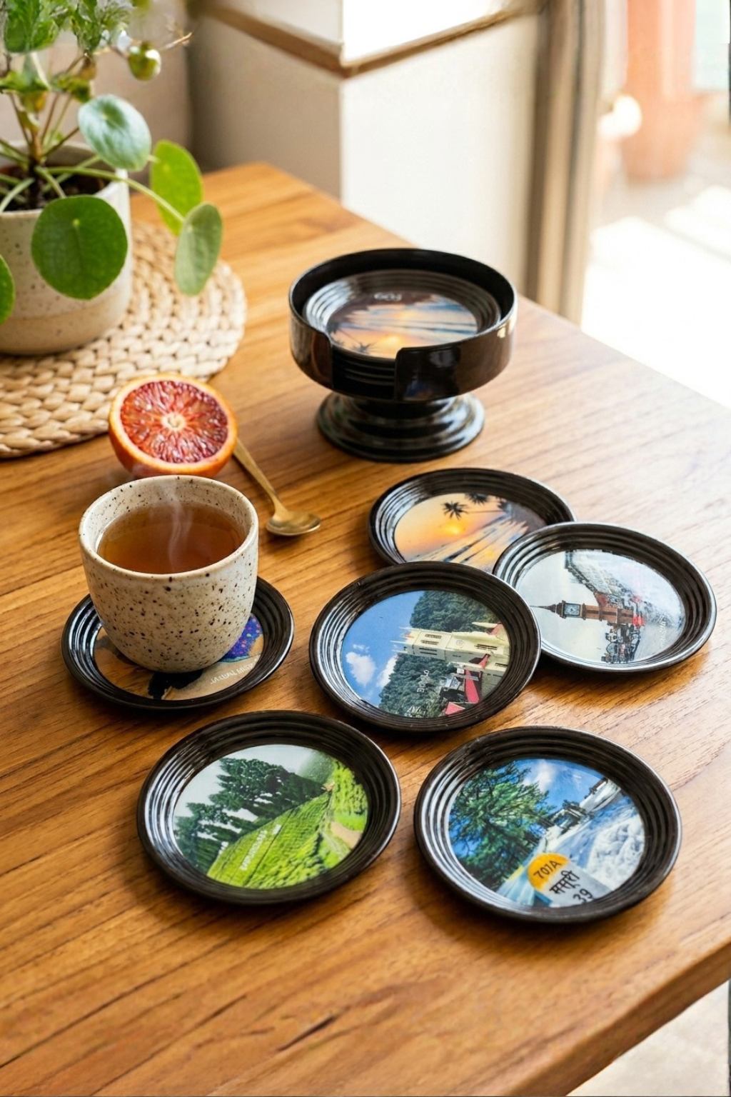 Resin Coated Metal Coaster Set of 6 with Stand | Travel Theme Black Tea Coffee Coasters | Waterproof Heat Resistant Table Coasters
