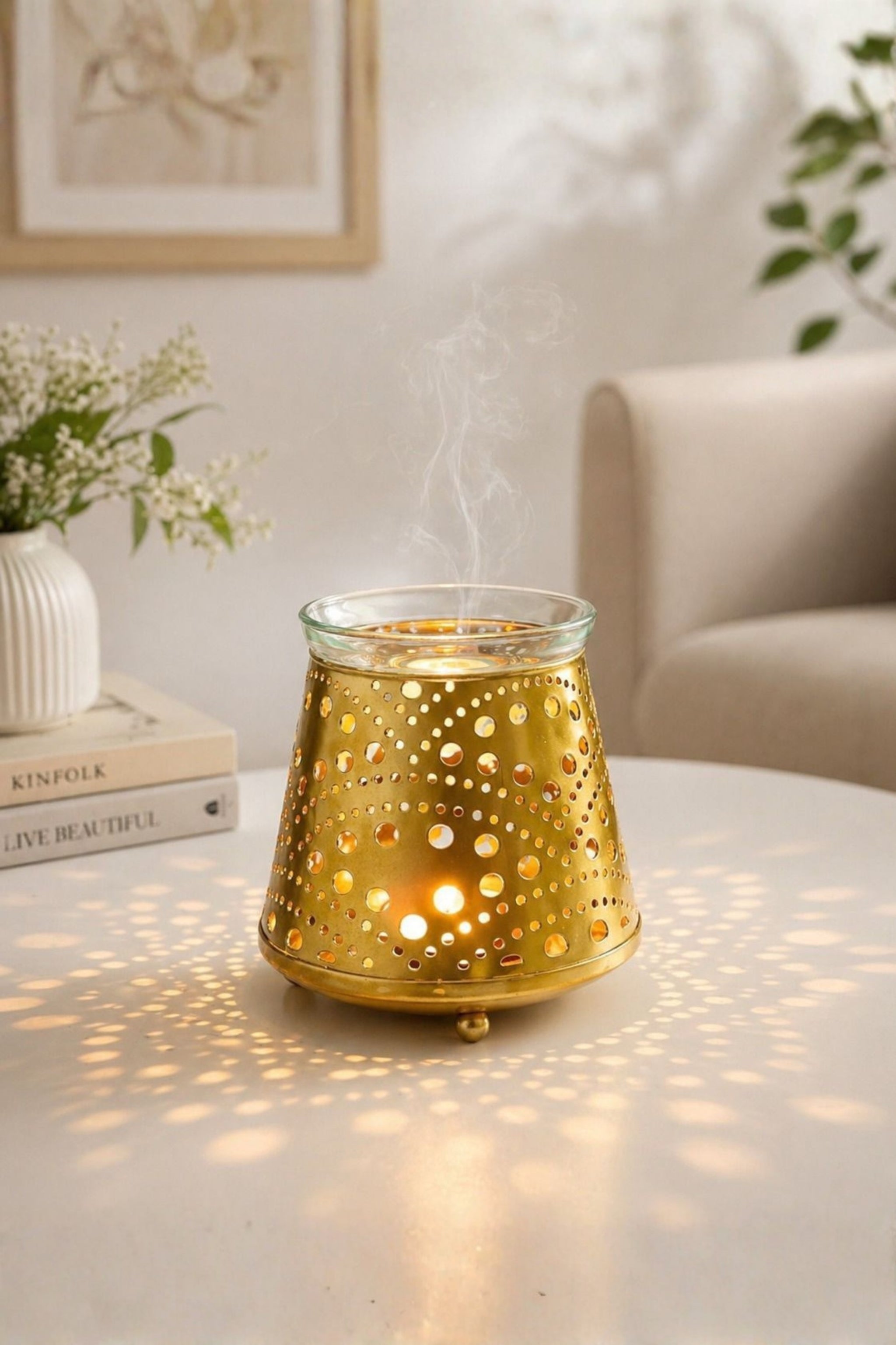 Golden Tealight Aroma Diffuser with Dot Cutwork Design | Essential Oil Burner with Glass Bowl for Home, Spa & Relaxation | Fragrance Diffuser with Free 10ml Aroma Oil & 2 Tea Light Candles