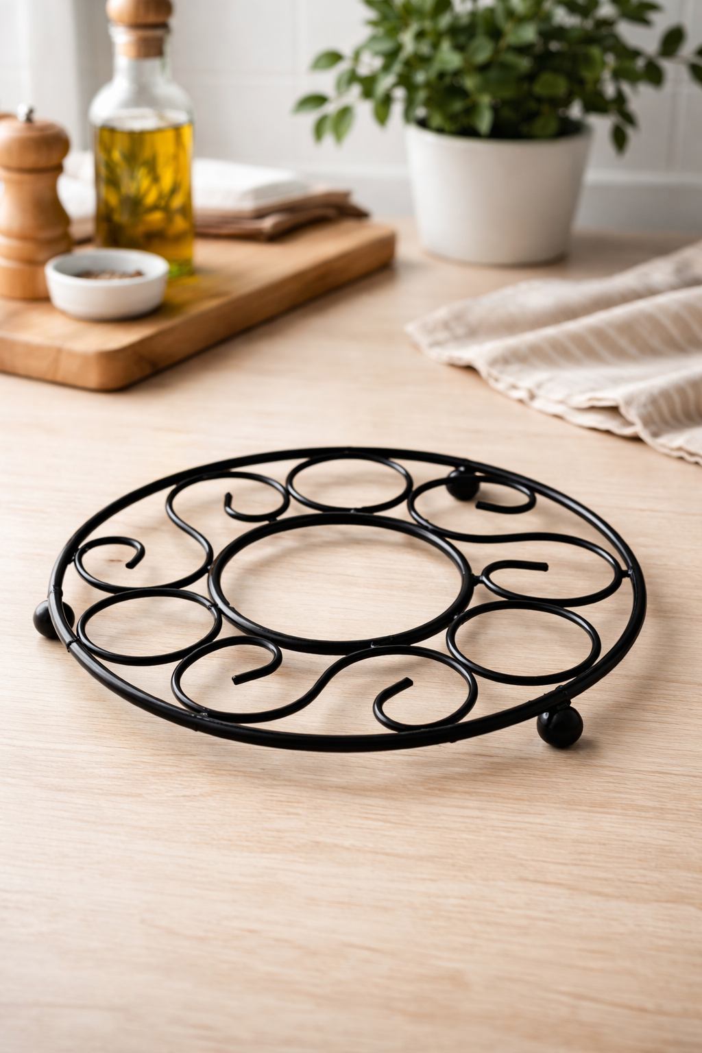Modern Metal Trivet Stand | Round Scroll Design Heat Resistant Pot Holder | Kitchen Countertop & Dining Table Protector
