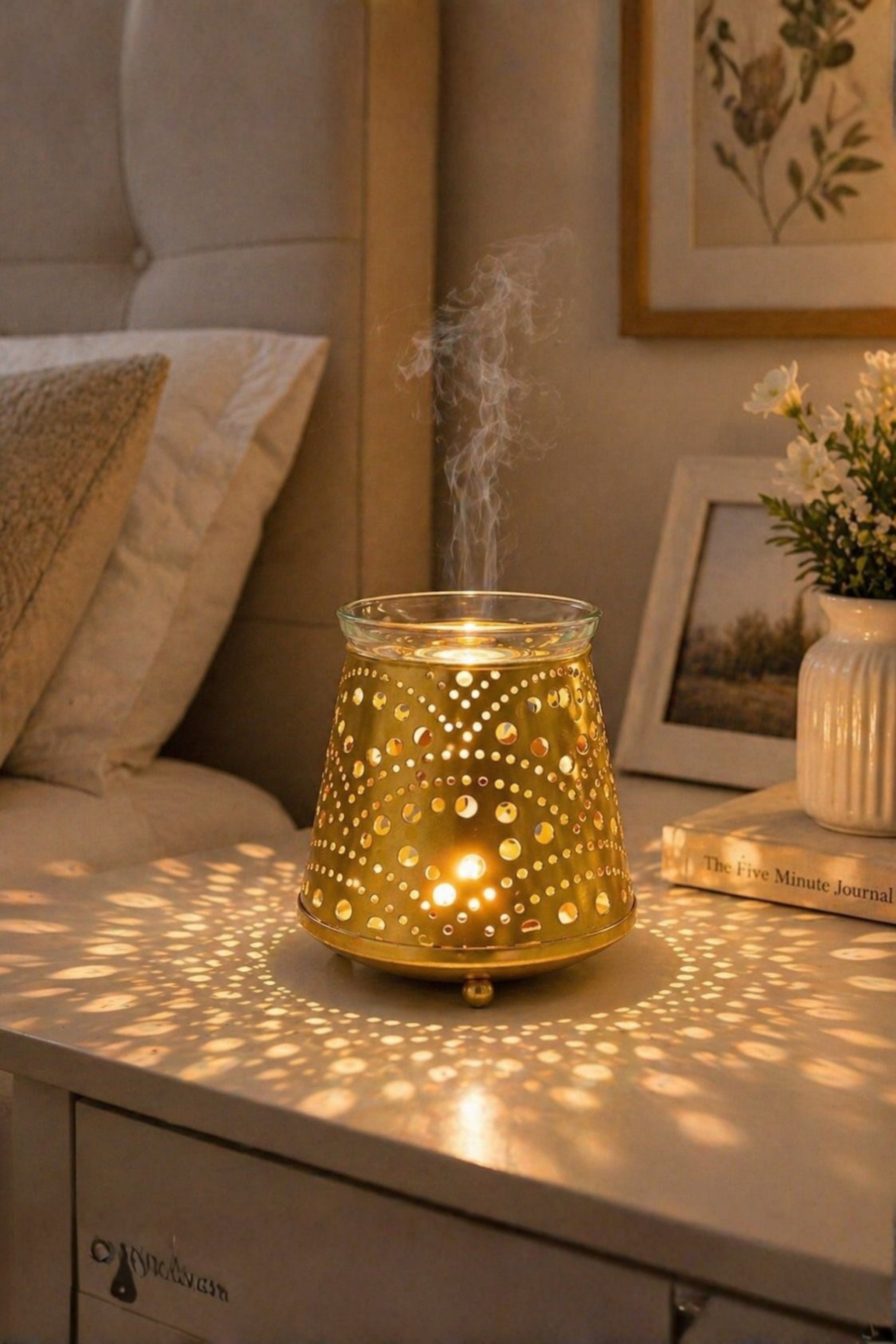 Golden Tealight Aroma Diffuser with Dot Cutwork Design | Essential Oil Burner with Glass Bowl for Home, Spa & Relaxation | Fragrance Diffuser with Free 10ml Aroma Oil & 2 Tea Light Candles
