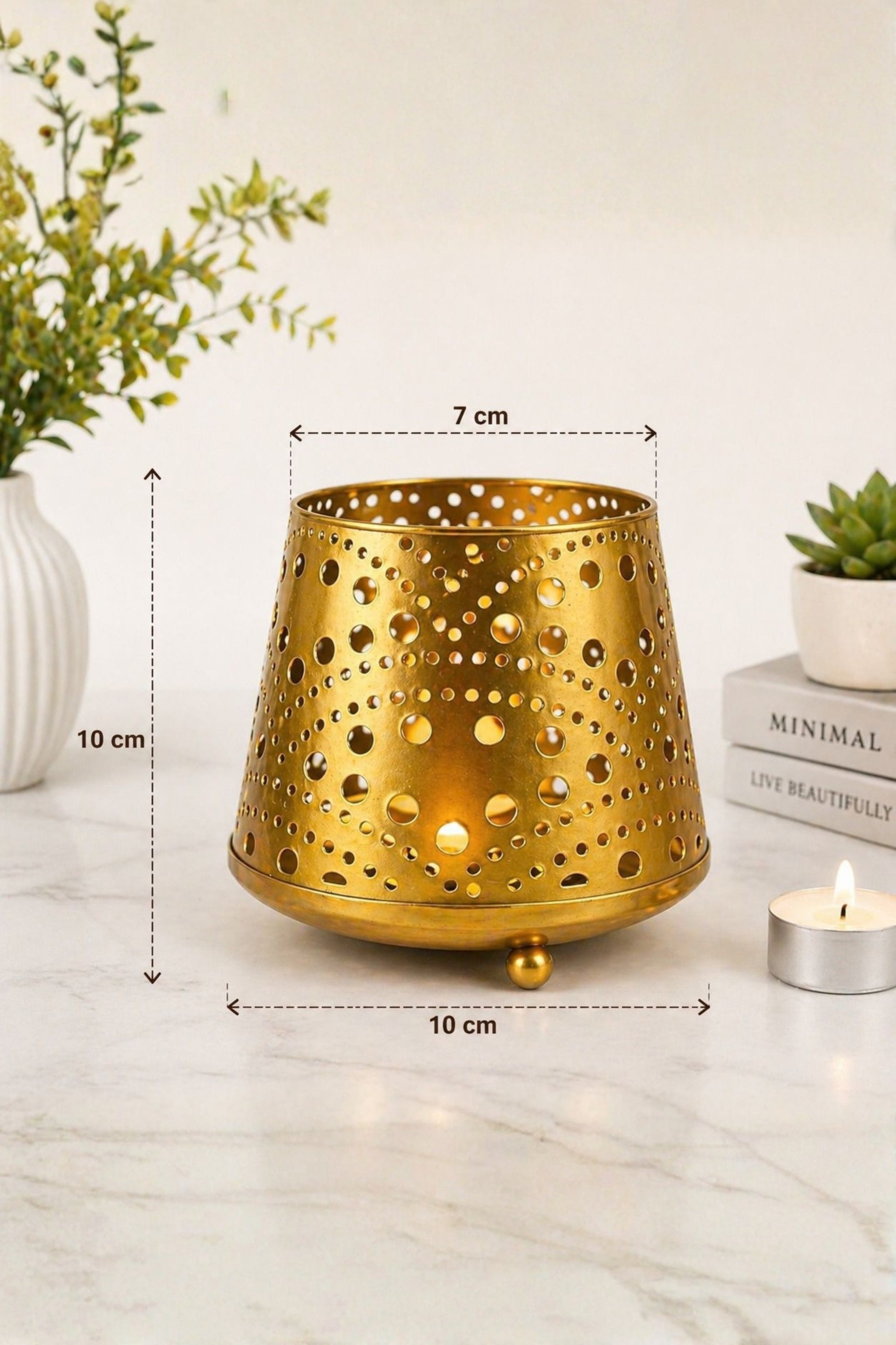 Golden Tealight Aroma Diffuser with Dot Cutwork Design | Essential Oil Burner with Glass Bowl for Home, Spa & Relaxation | Fragrance Diffuser with Free 10ml Aroma Oil & 2 Tea Light Candles