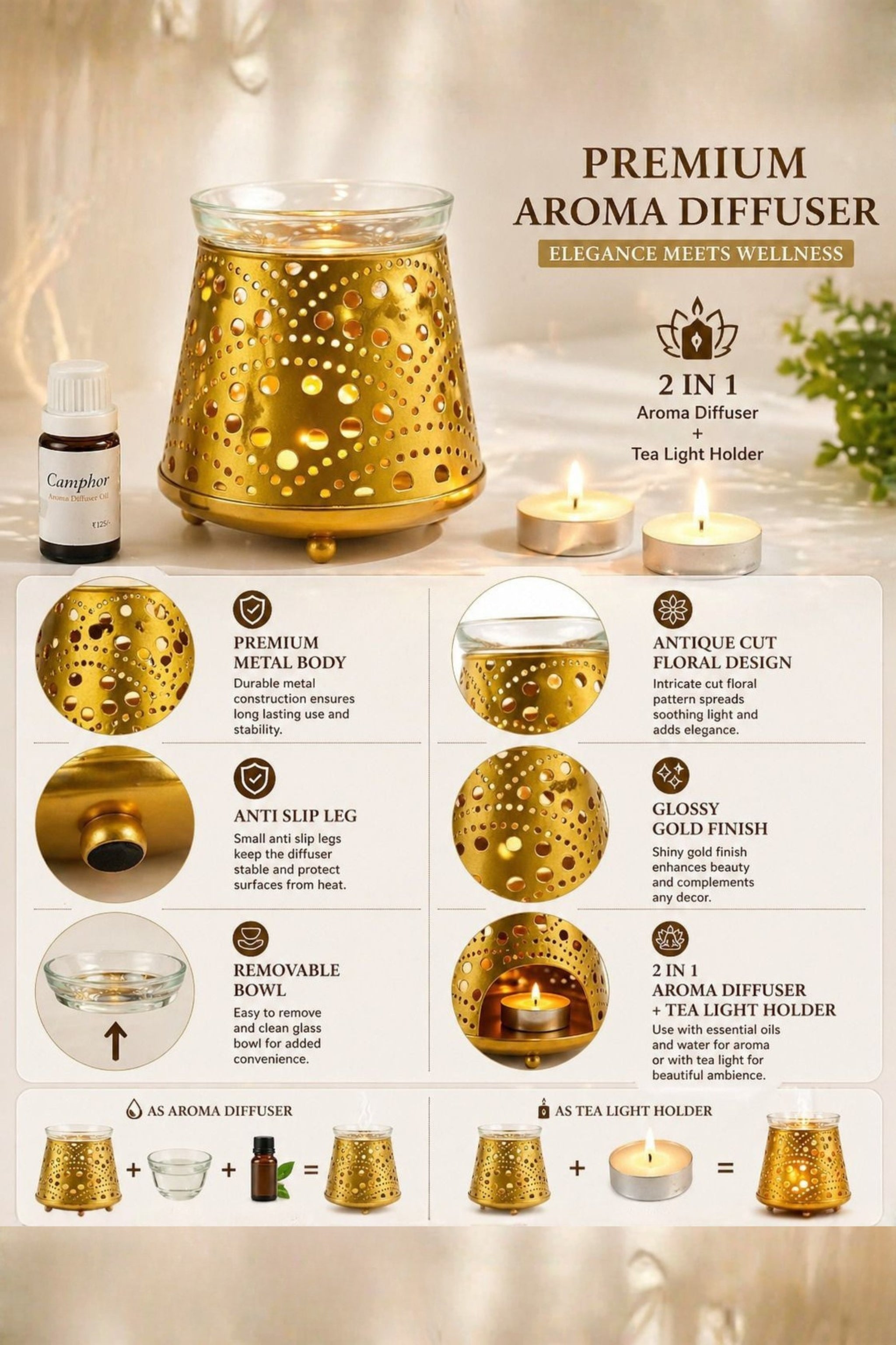 Golden Tealight Aroma Diffuser with Dot Cutwork Design | Essential Oil Burner with Glass Bowl for Home, Spa & Relaxation | Fragrance Diffuser with Free 10ml Aroma Oil & 2 Tea Light Candles