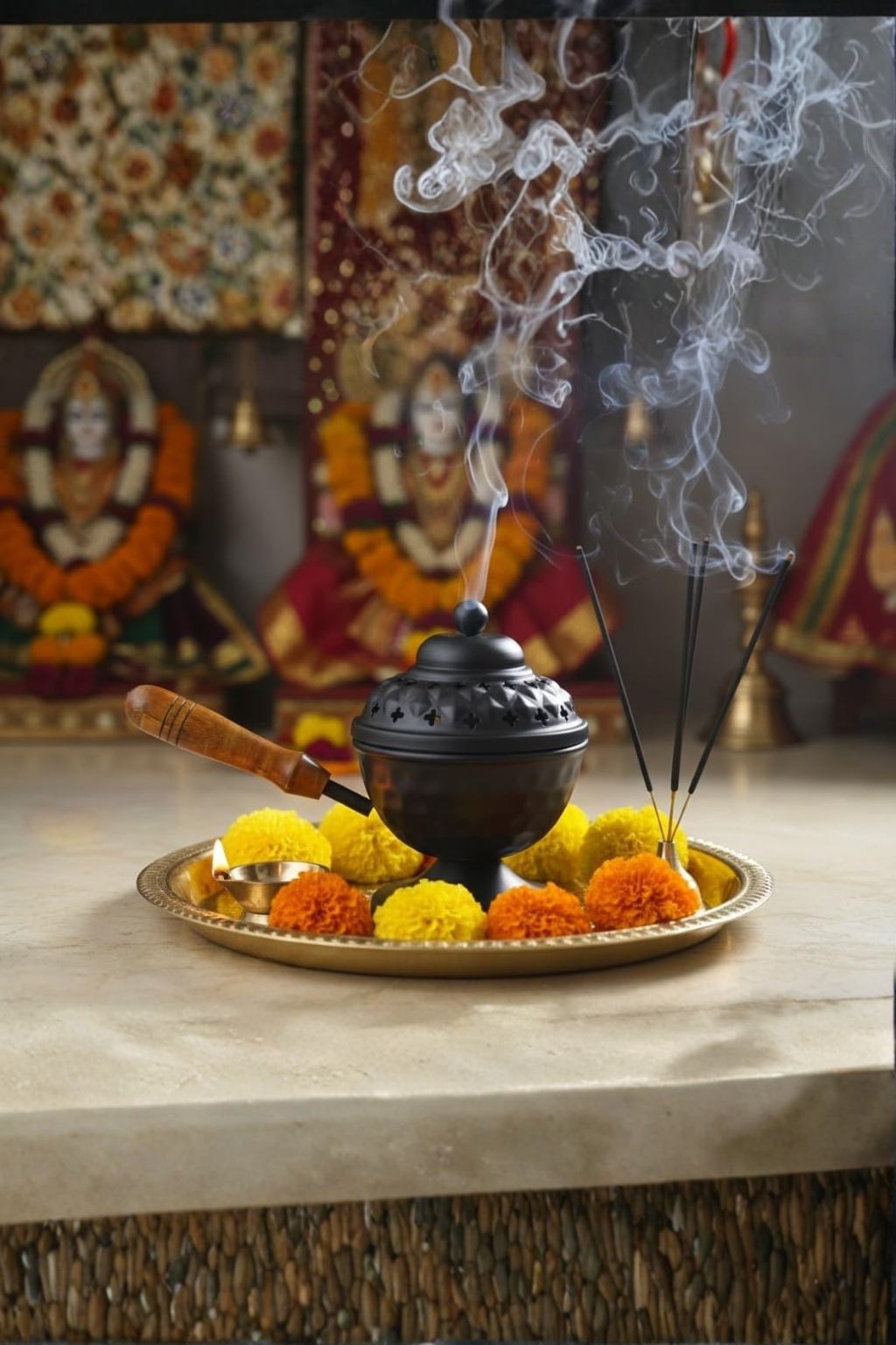Metal Loban Incense Burner with Wooden Handle | Dhoop Dani Dhuni Sambrani Bakhoor Burner | Handheld Incense Holder for Home & Temple