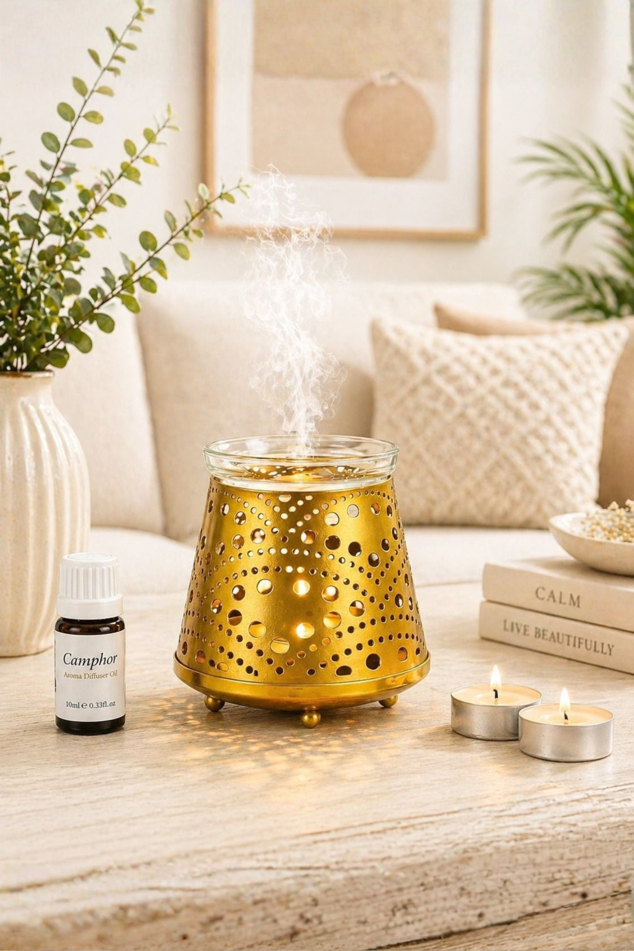 Golden Tealight Aroma Diffuser with Dot Cutwork Design | Essential Oil Burner with Glass Bowl for Home, Spa & Relaxation | Fragrance Diffuser with Free 10ml Aroma Oil & 2 Tea Light Candles