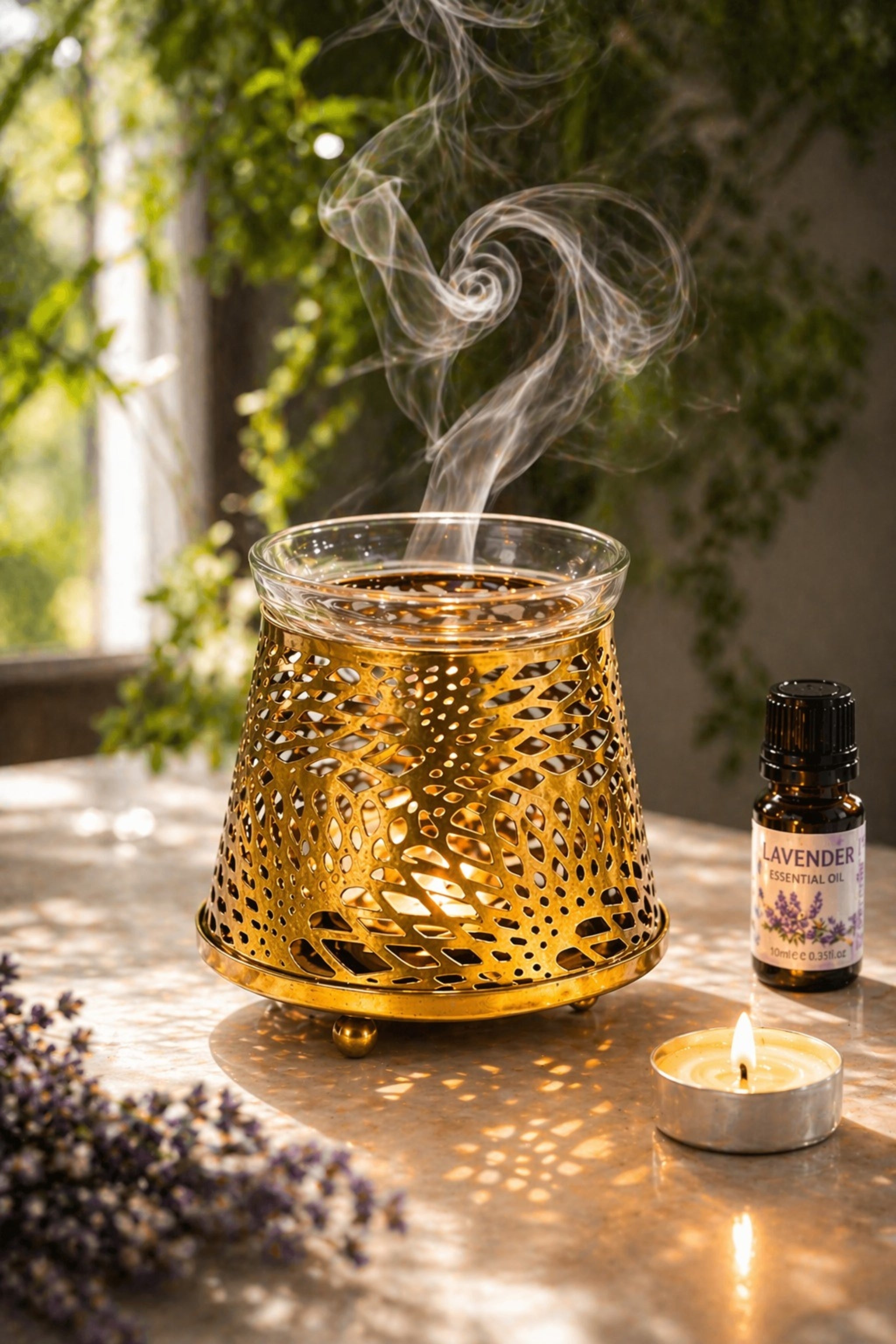 Golden Tealight Aroma Diffuser with Decorative Cutwork Design | Essential Oil Burner with Glass Bowl for Home, Spa & Relaxation | Fragrance Diffuser with Free 10ml Aroma Oil & 2 Tea Light Candles