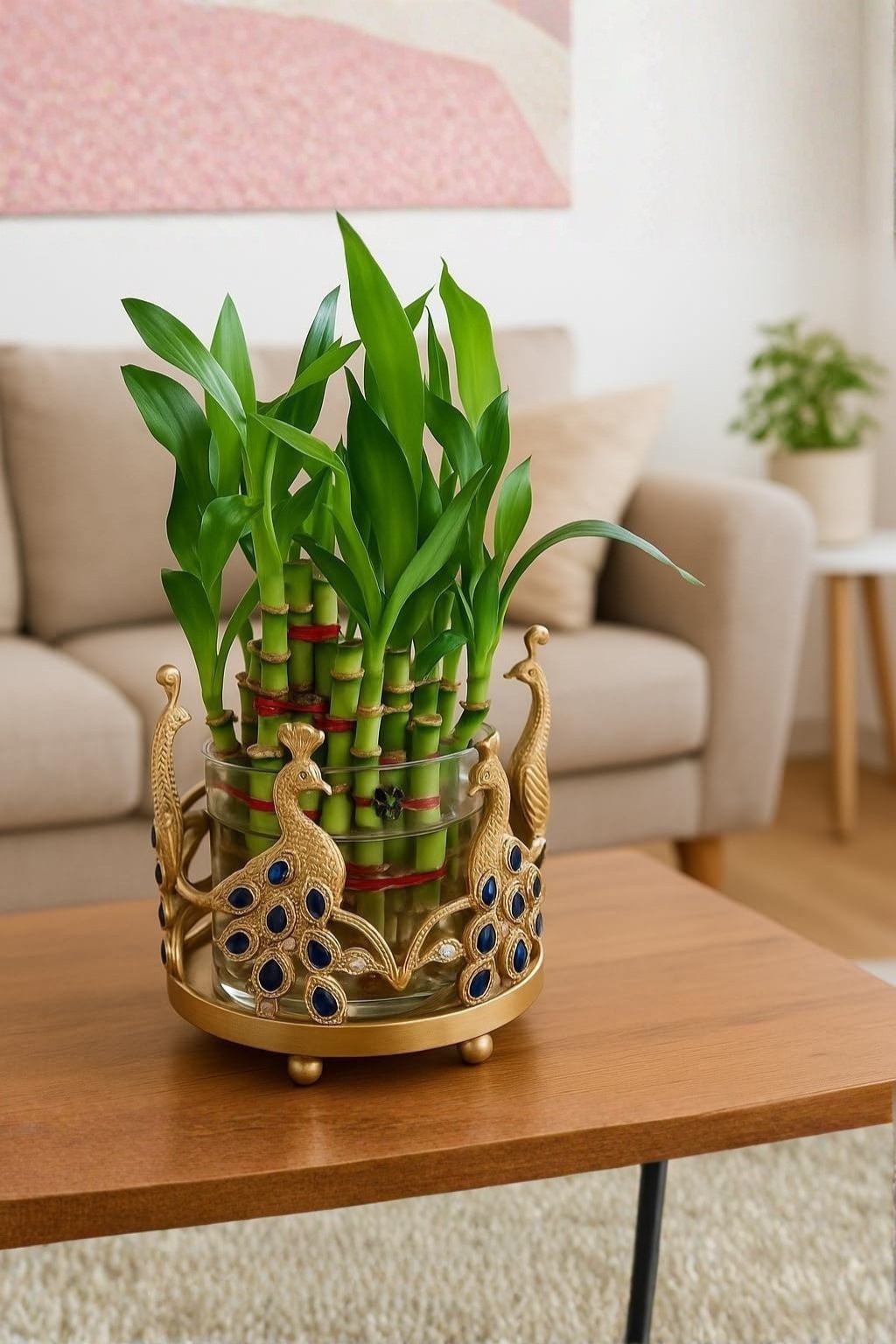 Lucky Bamboo Plant with Peacock Metal Holder & Glass Vase | Decorative Indoor Planter for Home & Office Decor