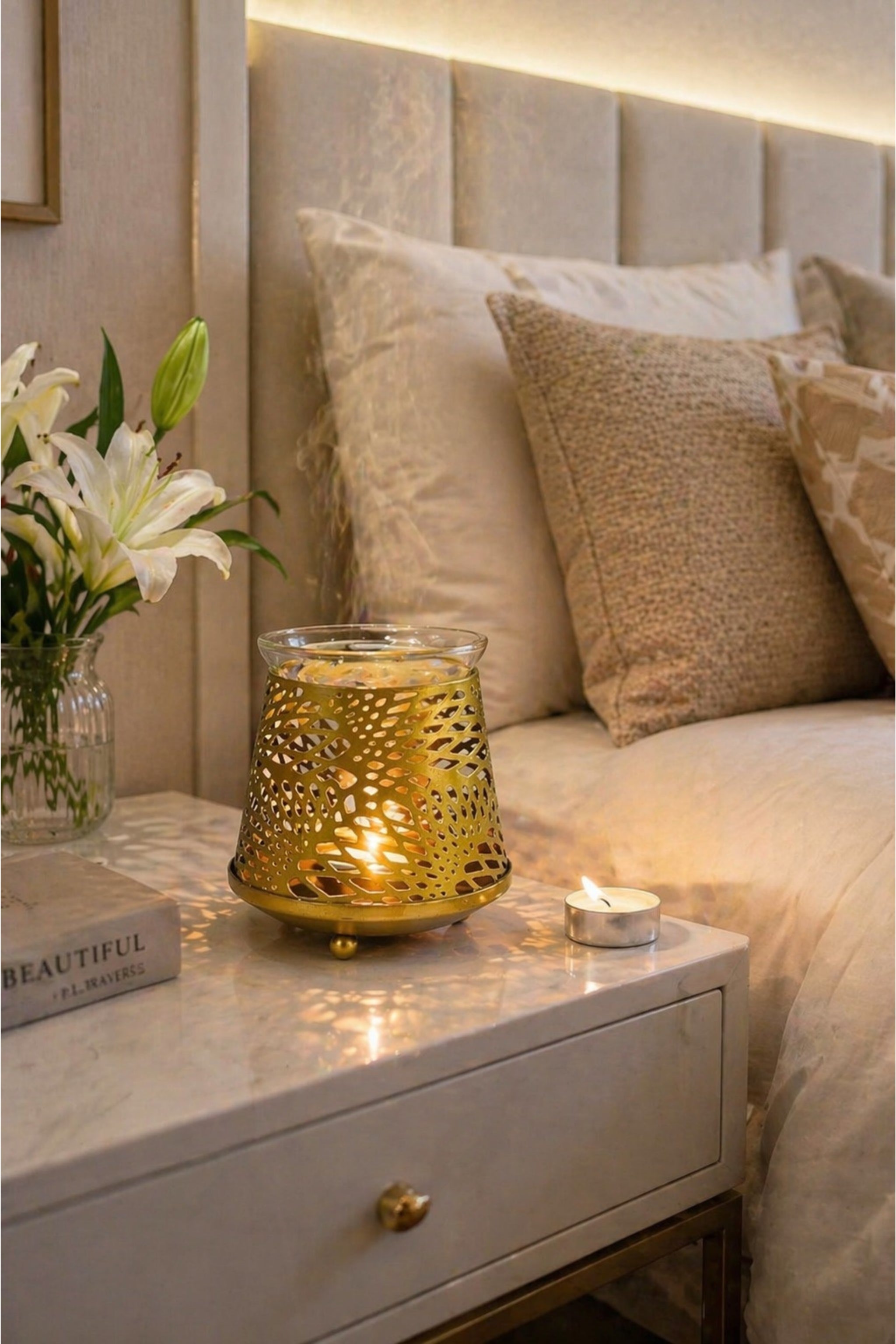 Golden Tealight Aroma Diffuser with Decorative Cutwork Design | Essential Oil Burner with Glass Bowl for Home, Spa & Relaxation | Fragrance Diffuser with Free 10ml Aroma Oil & 2 Tea Light Candles