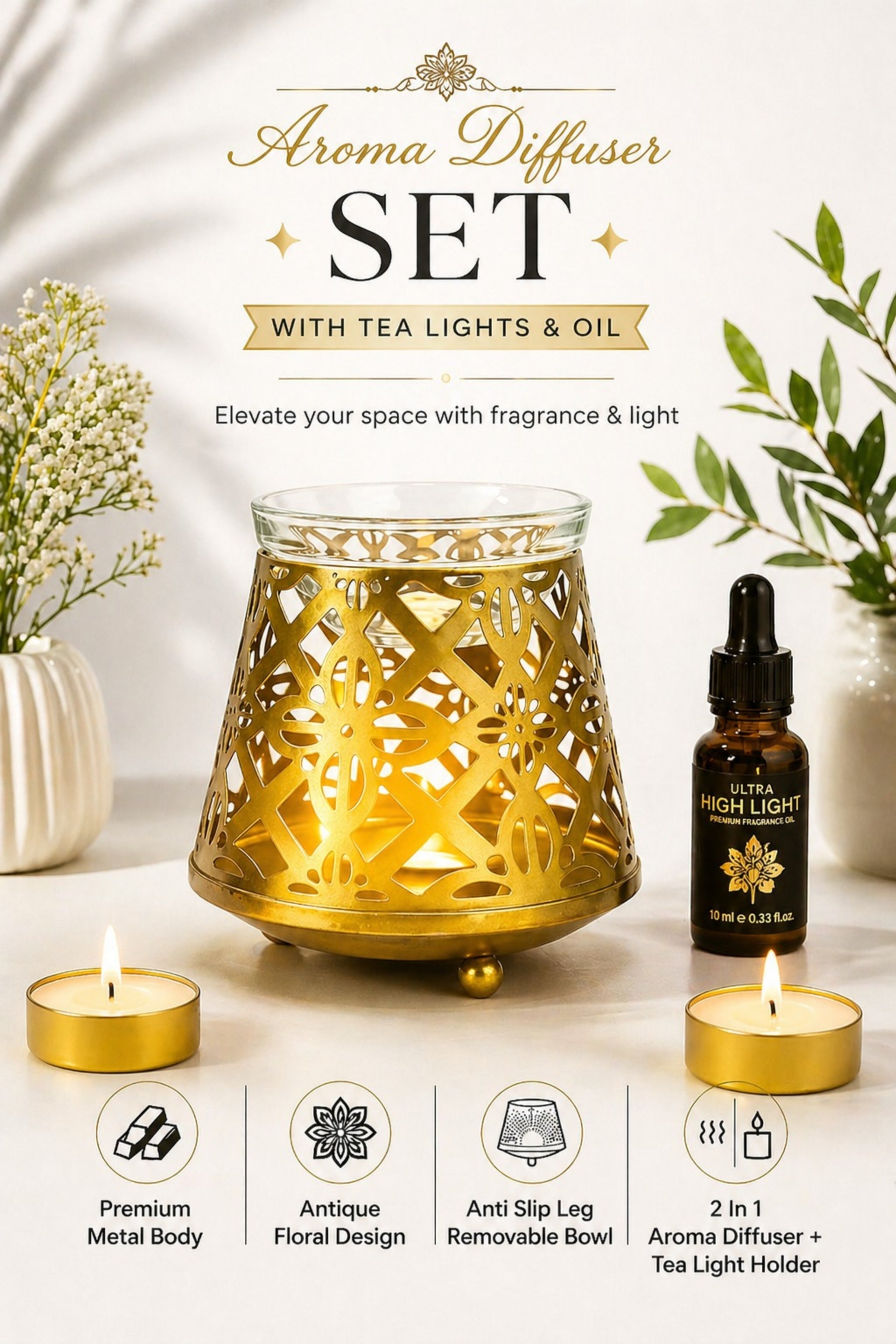 Golden Geometric Tealight Aroma Diffuser with Decorative Cutwork Design | Essential Oil Burner with Glass Bowl for Home, Spa & Relaxation | Fragrance Diffuser with Free 10ml Aroma Oil & 2 Tea Light Candles