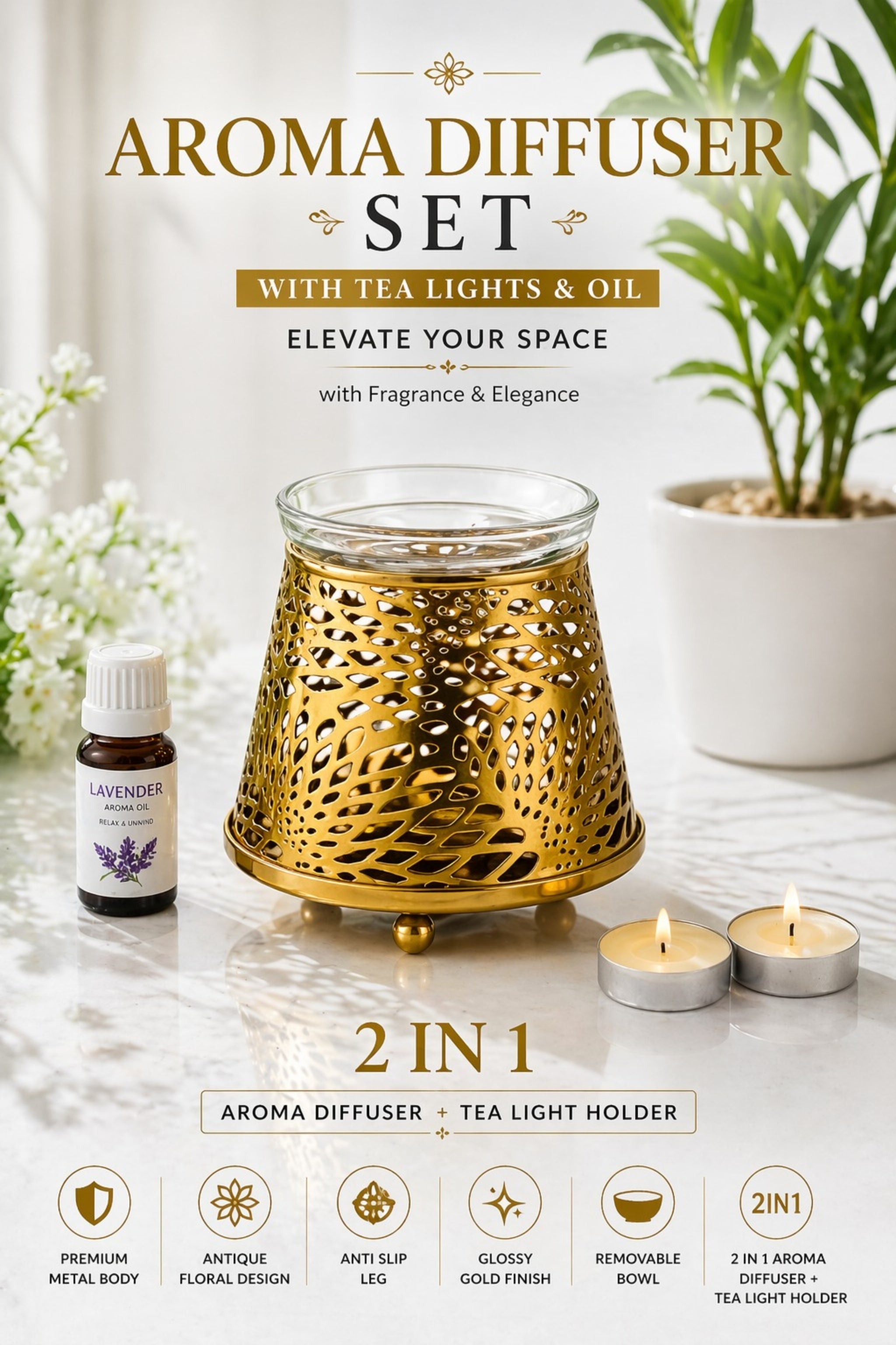 Golden Tealight Aroma Diffuser with Decorative Cutwork Design | Essential Oil Burner with Glass Bowl for Home, Spa & Relaxation | Fragrance Diffuser with Free 10ml Aroma Oil & 2 Tea Light Candles