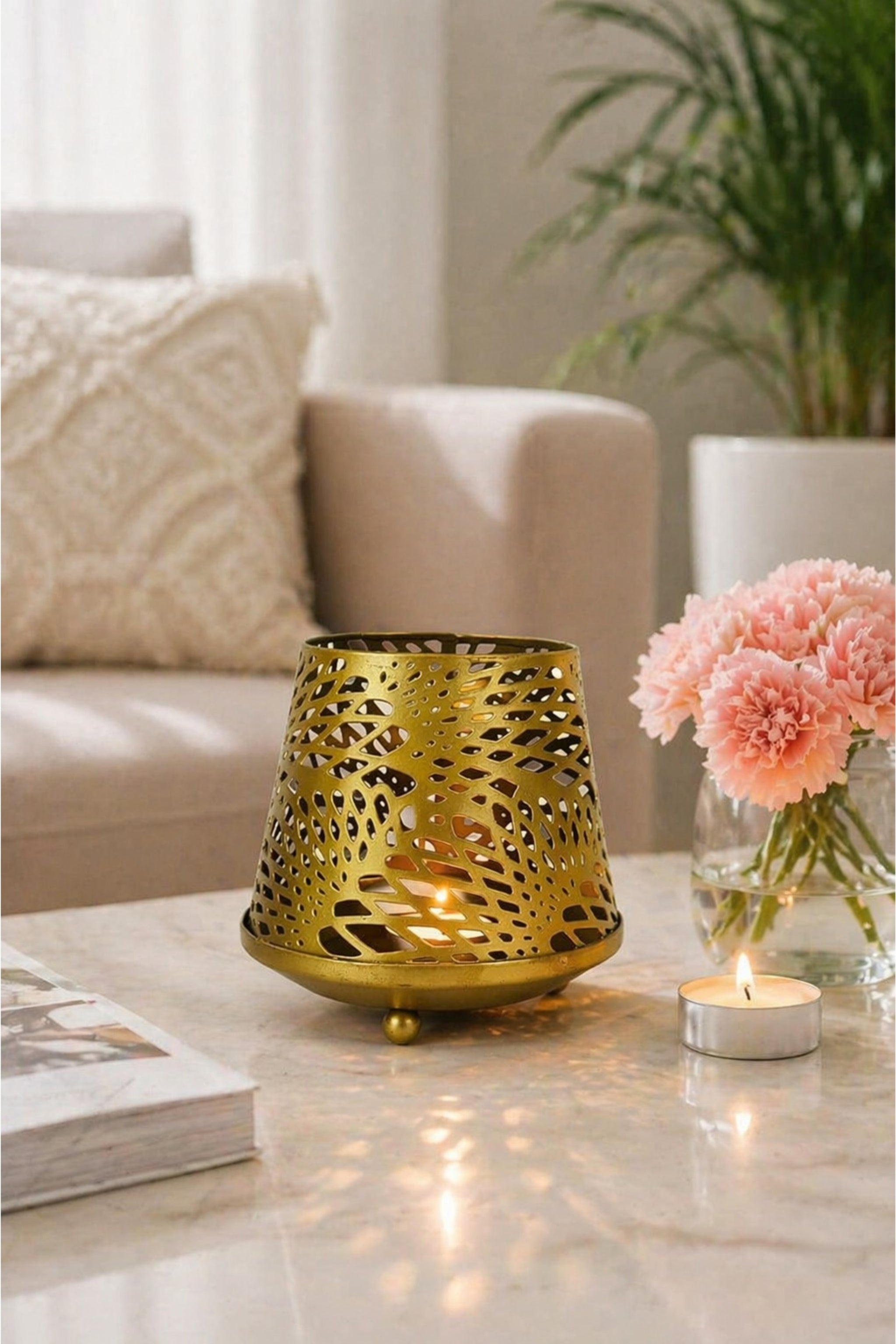 Golden Tealight Aroma Diffuser with Decorative Cutwork Design | Essential Oil Burner with Glass Bowl for Home, Spa & Relaxation | Fragrance Diffuser with Free 10ml Aroma Oil & 2 Tea Light Candles