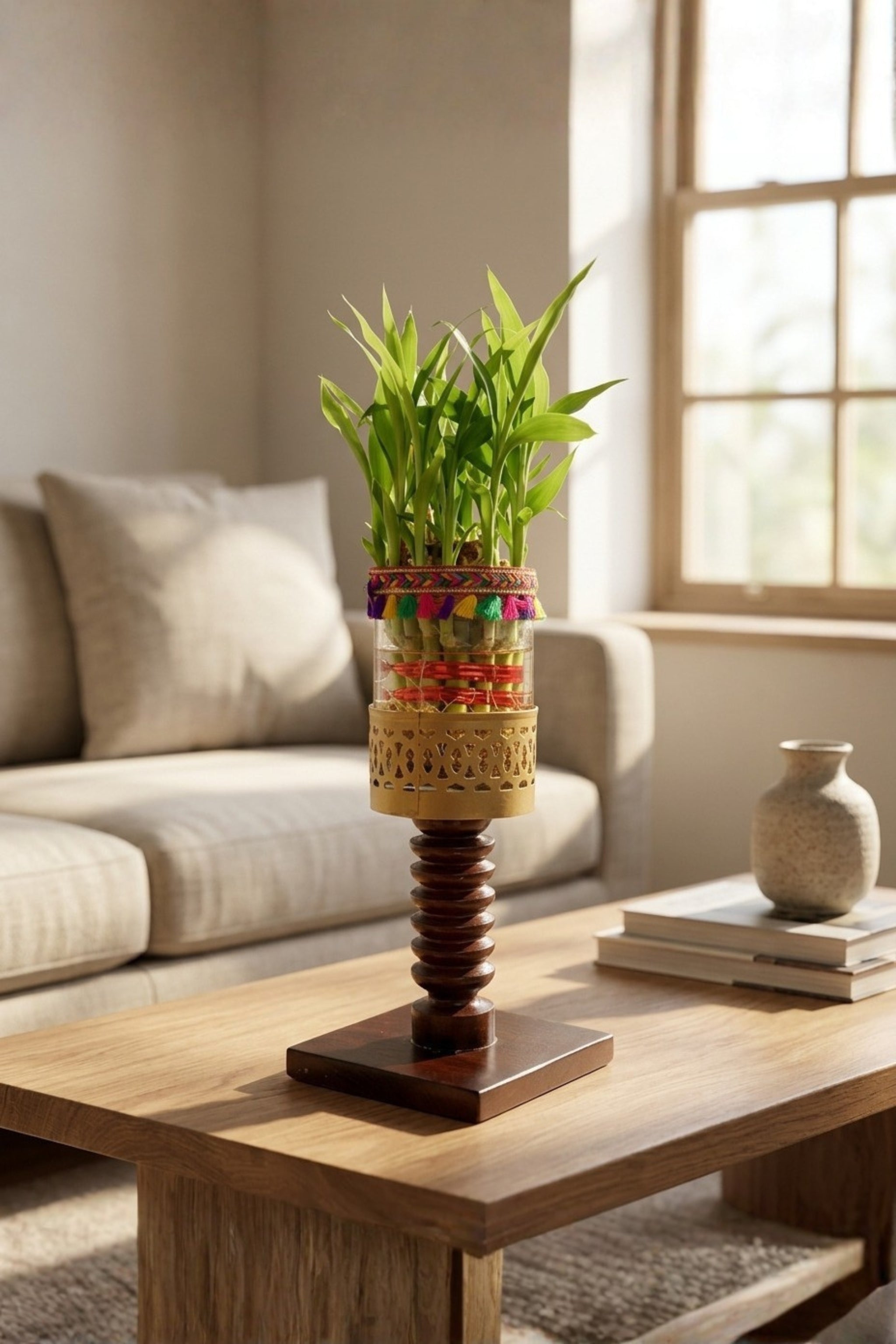 Lucky Bamboo Plant with Decorative Glass Vase & Wooden Pedestal Stand | Indoor Feng Shui Good Luck Plant for Home & Office Décor
