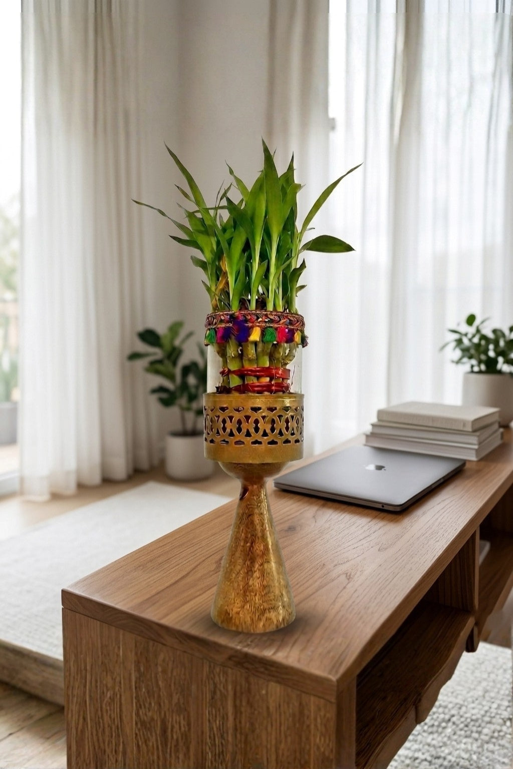 Lucky Bamboo Plant with Decorative Glass Vase & Metal Pedestal Stand | Indoor Feng Shui Good Luck Plant for Home & Office Décor