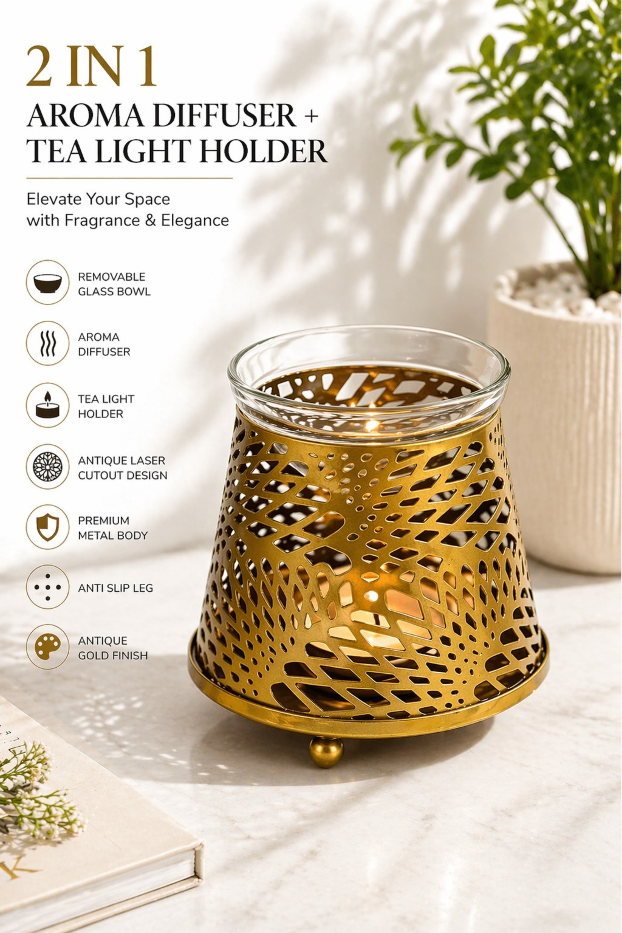 Golden Tealight Aroma Diffuser with Decorative Cutwork Design | Essential Oil Burner with Glass Bowl for Home, Spa & Relaxation | Fragrance Diffuser with Free 10ml Aroma Oil & 2 Tea Light Candles