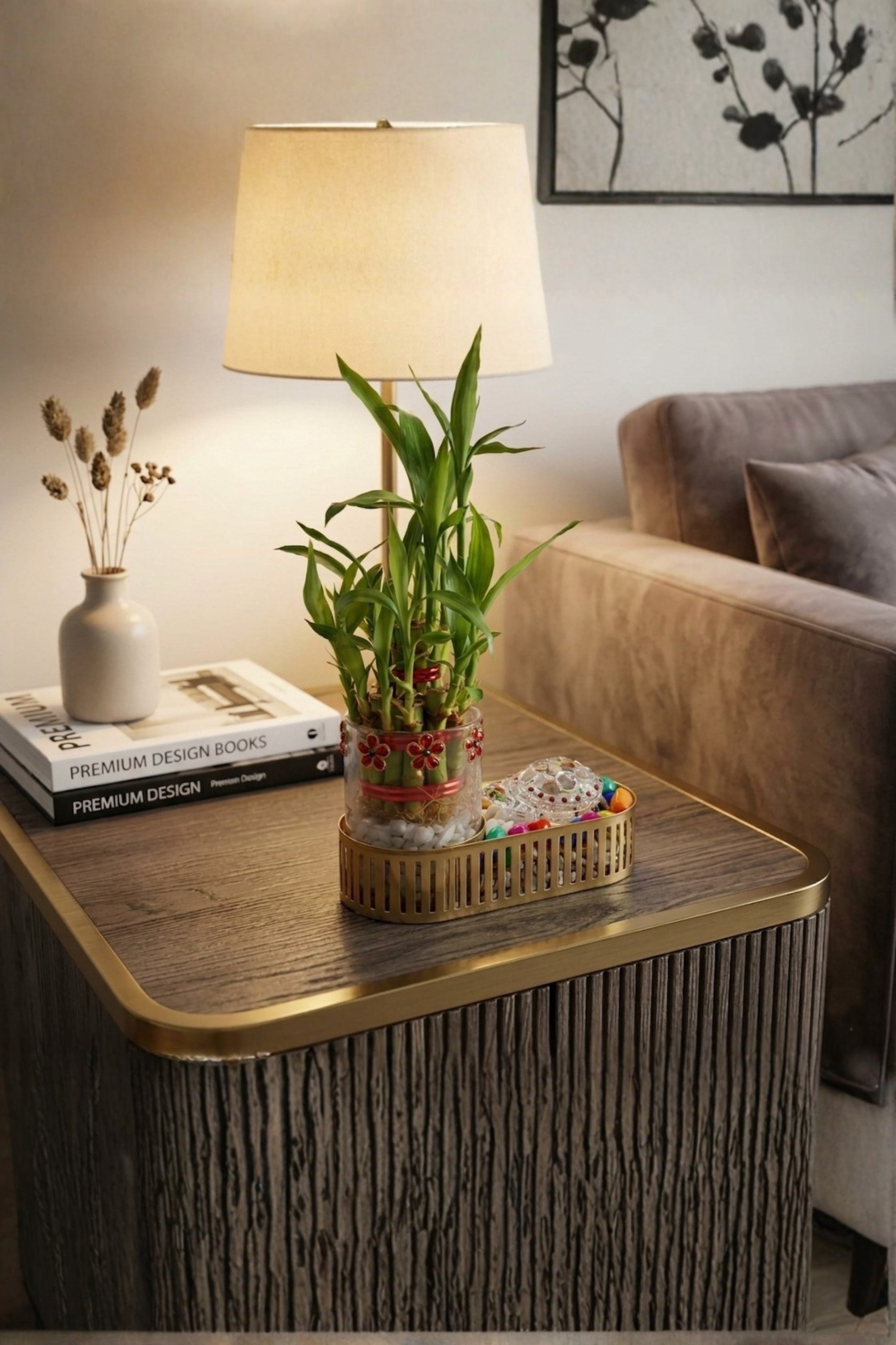 Lucky Bamboo Plant Gift Set with Glass Vase & Golden Tray | Decorative Indoor Plant with Pebbles | Feng Shui Good Luck Home Décor