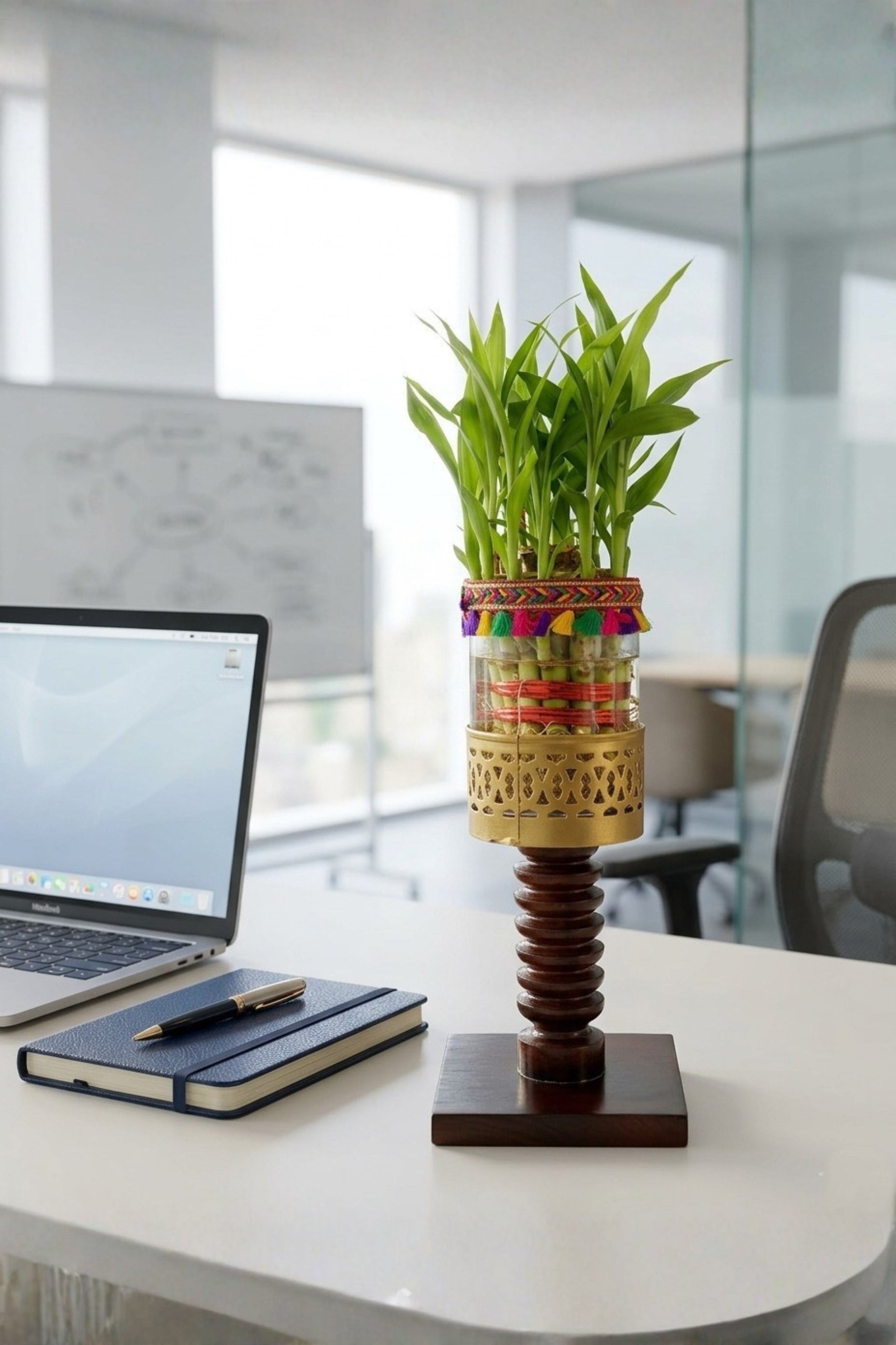 Lucky Bamboo Plant with Decorative Glass Vase & Wooden Pedestal Stand | Indoor Feng Shui Good Luck Plant for Home & Office Décor
