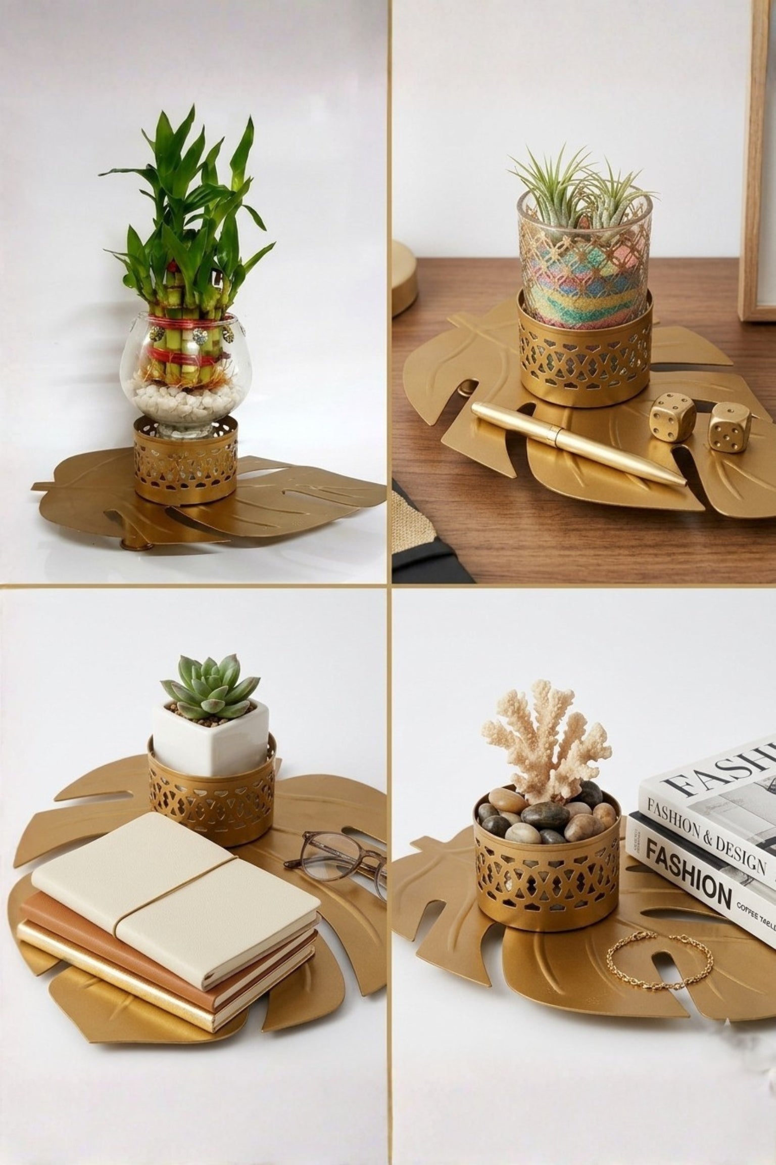 Lucky Bamboo Plant with Glass Vase & Golden Leaf Tray | Decorative Indoor Plant Gift Set | Feng Shui Good Luck Home Décor