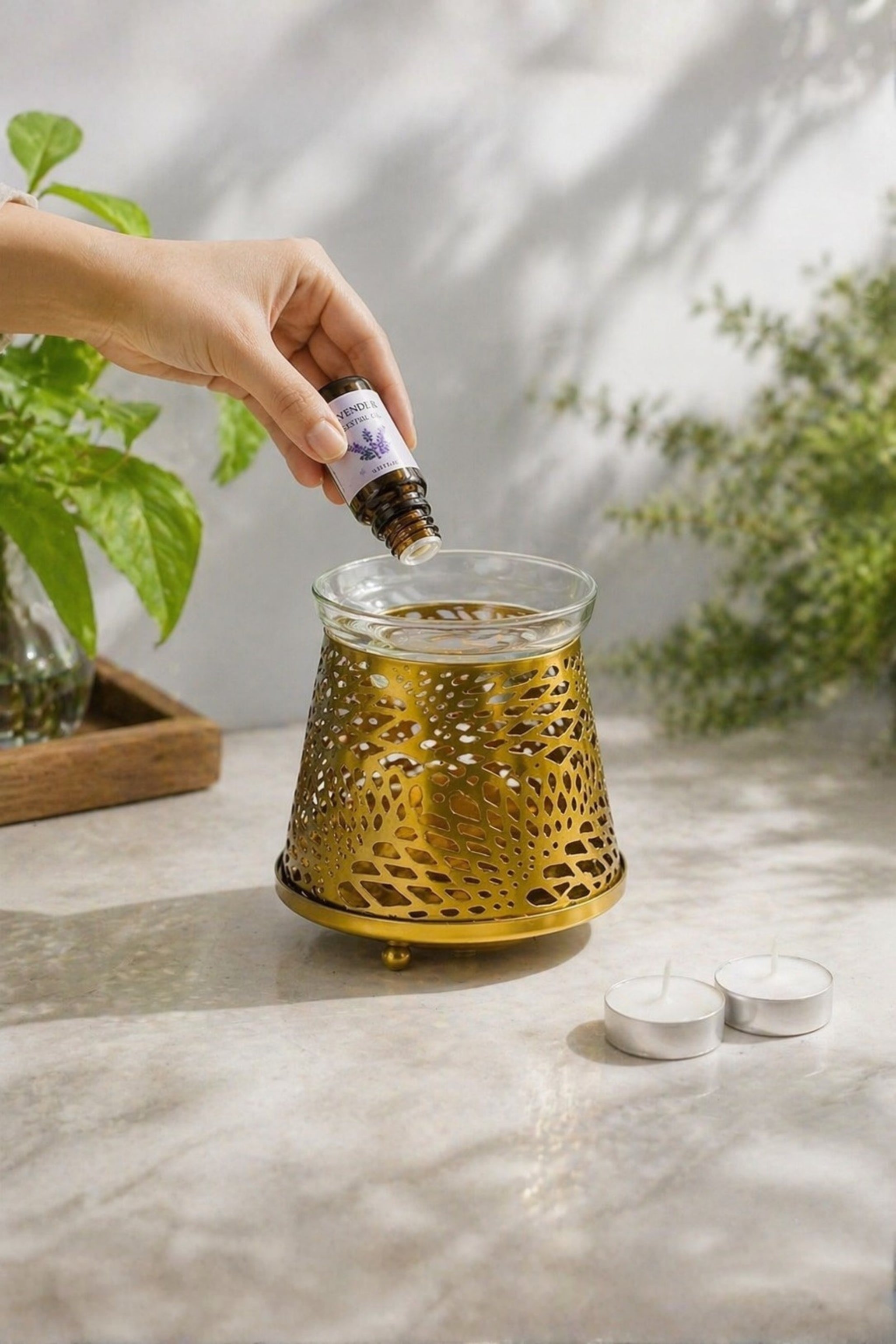 Golden Tealight Aroma Diffuser with Decorative Cutwork Design | Essential Oil Burner with Glass Bowl for Home, Spa & Relaxation | Fragrance Diffuser with Free 10ml Aroma Oil & 2 Tea Light Candles