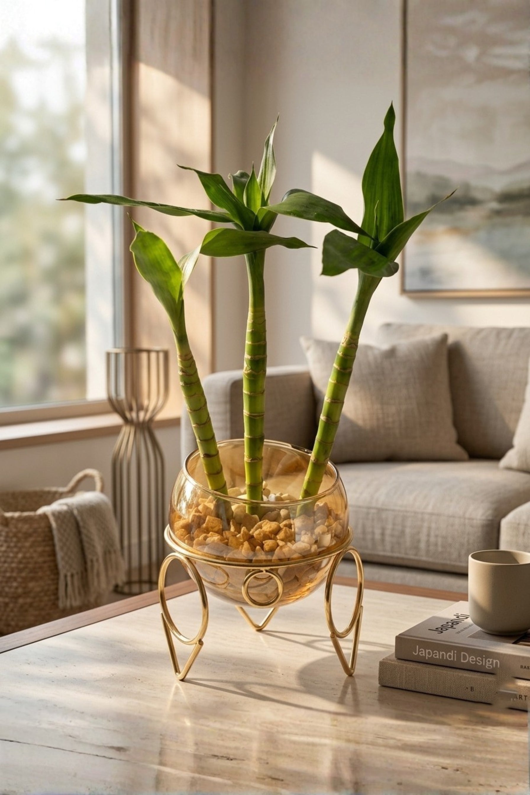 Lucky Bamboo Plant with Glass Bowl & Golden Metal Stand | Indoor Hydroponic Plant for Home & Office Décor | Feng Shui Good Luck Plant