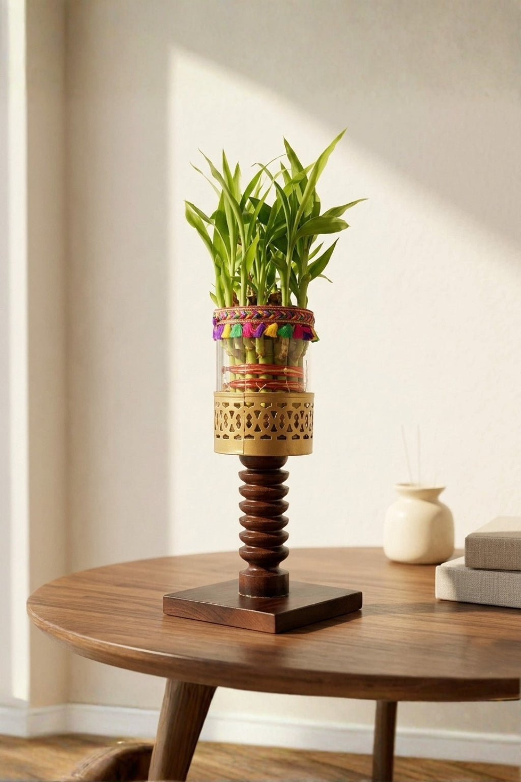 Lucky Bamboo Plant with Decorative Glass Vase & Wooden Pedestal Stand | Indoor Feng Shui Good Luck Plant for Home & Office Décor