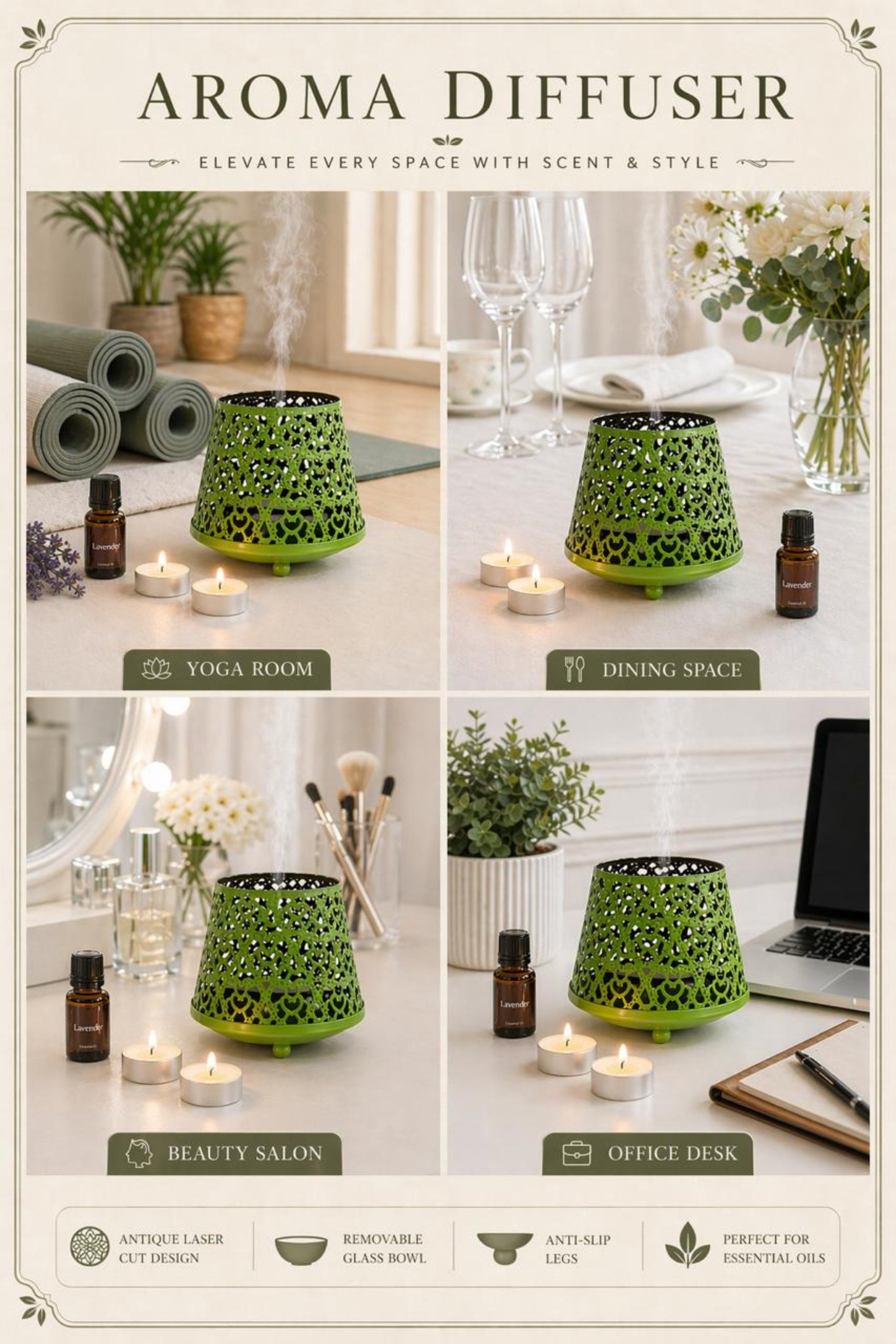 Green Tealight Aroma Diffuser with Decorative Cutwork Design | Essential Oil Burner with Glass Bowl for Home, Spa & Relaxation | Fragrance Diffuser with Free 10ml Aroma Oil & 2 Tea Light Candles