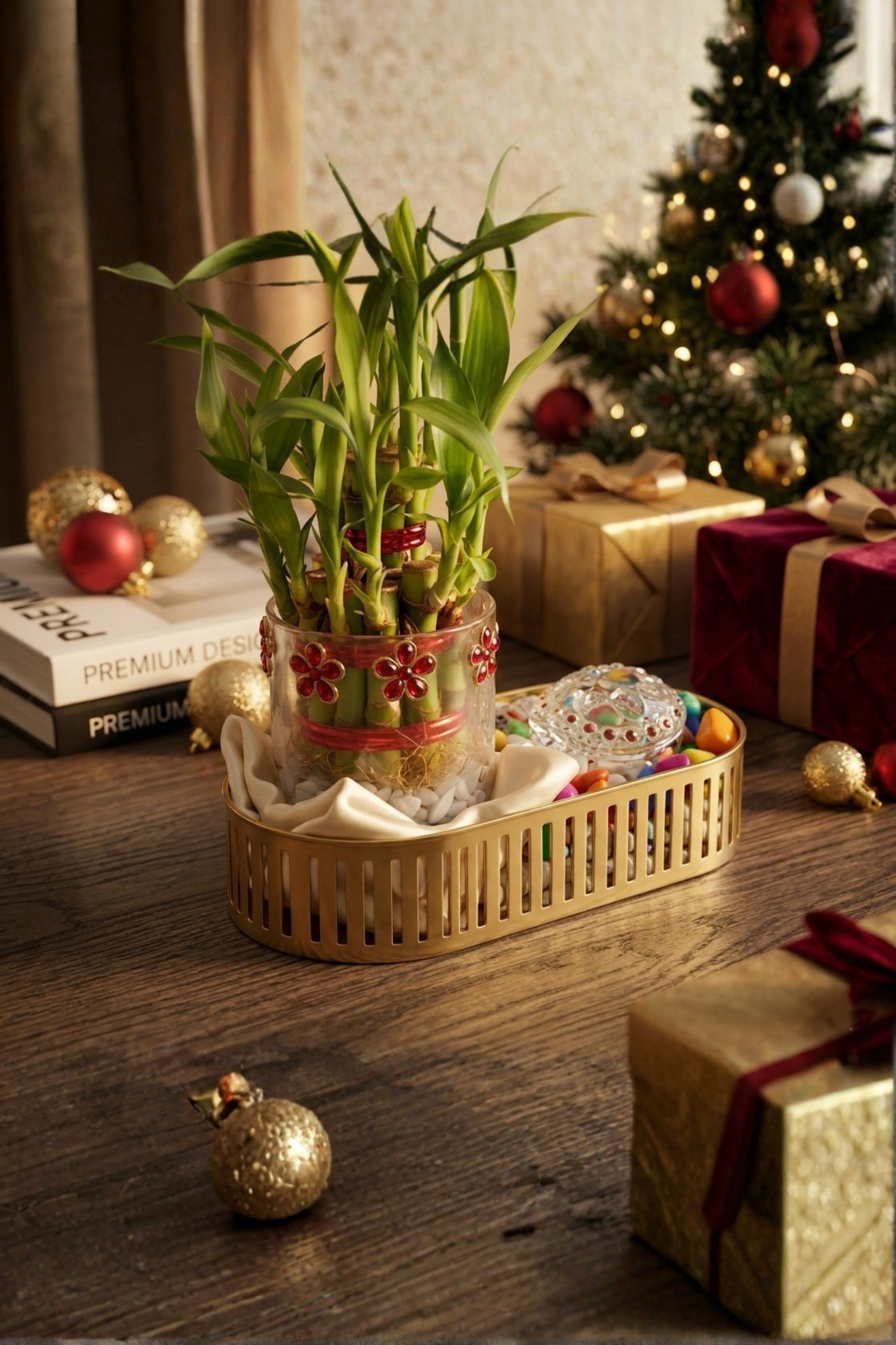 Lucky Bamboo Plant Gift Set with Glass Vase & Golden Tray | Decorative Indoor Plant with Pebbles | Feng Shui Good Luck Home Décor