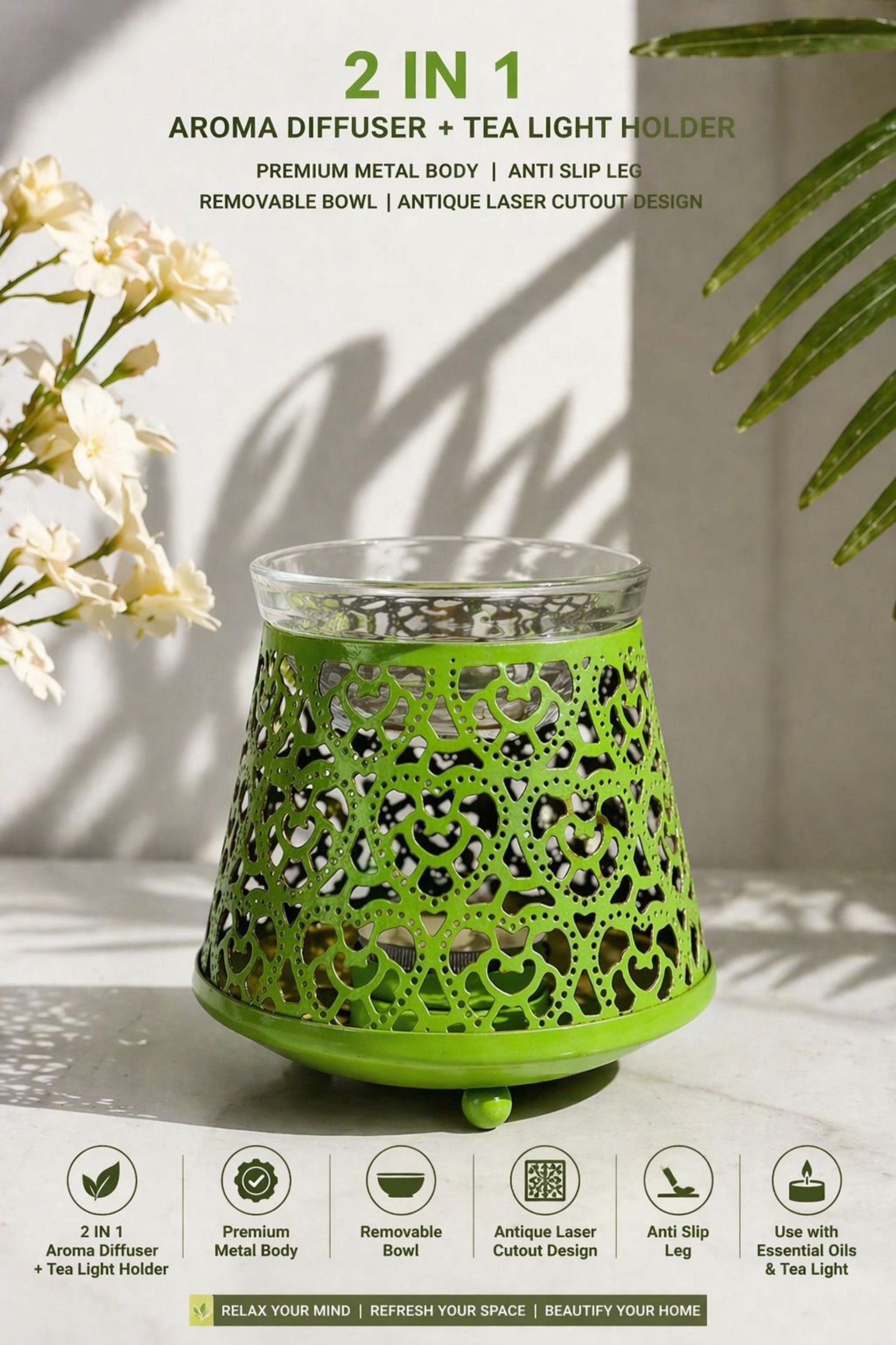 Green Tealight Aroma Diffuser with Decorative Cutwork Design | Essential Oil Burner with Glass Bowl for Home, Spa & Relaxation | Fragrance Diffuser with Free 10ml Aroma Oil & 2 Tea Light Candles