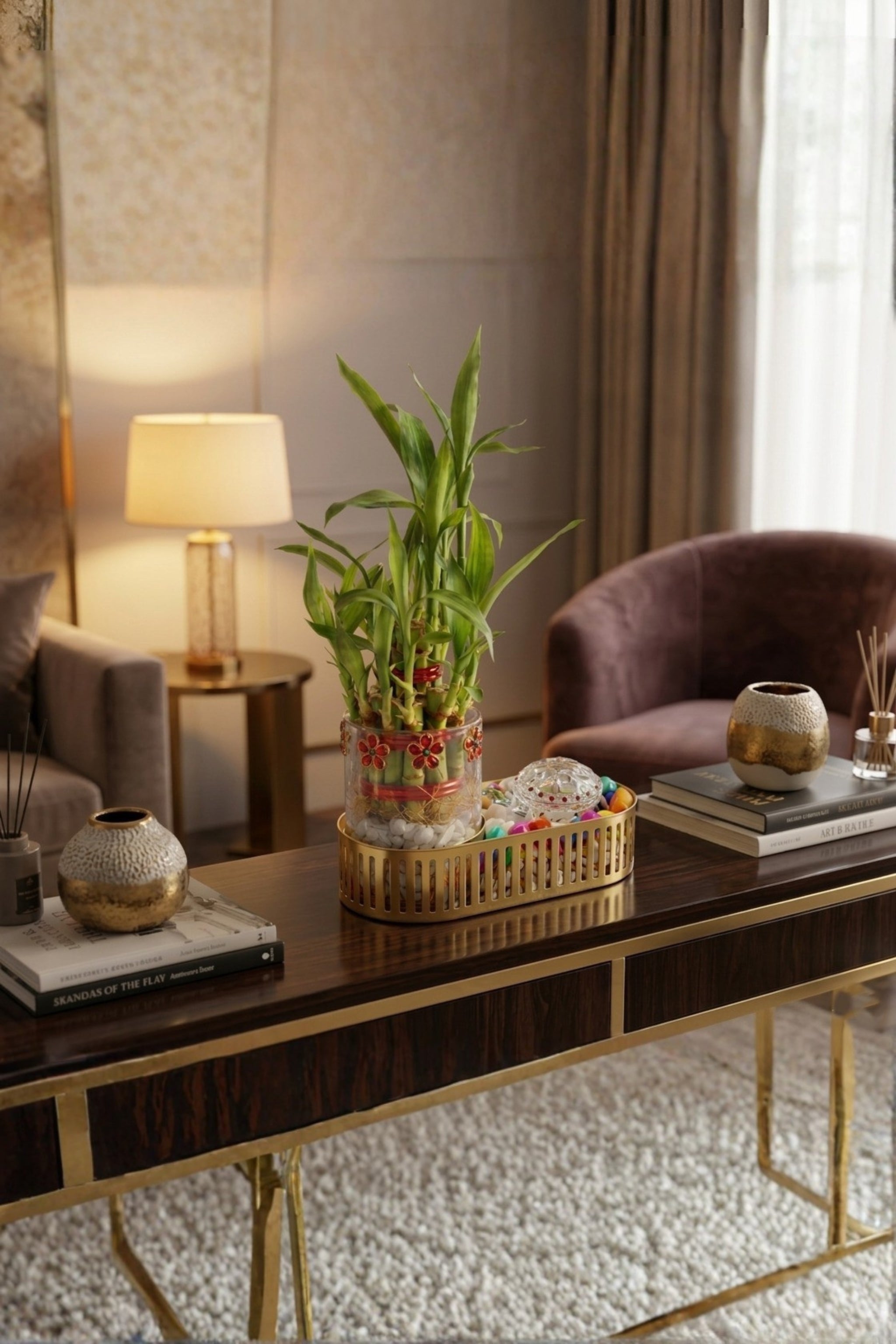 Lucky Bamboo Plant Gift Set with Glass Vase & Golden Tray | Decorative Indoor Plant with Pebbles | Feng Shui Good Luck Home Décor