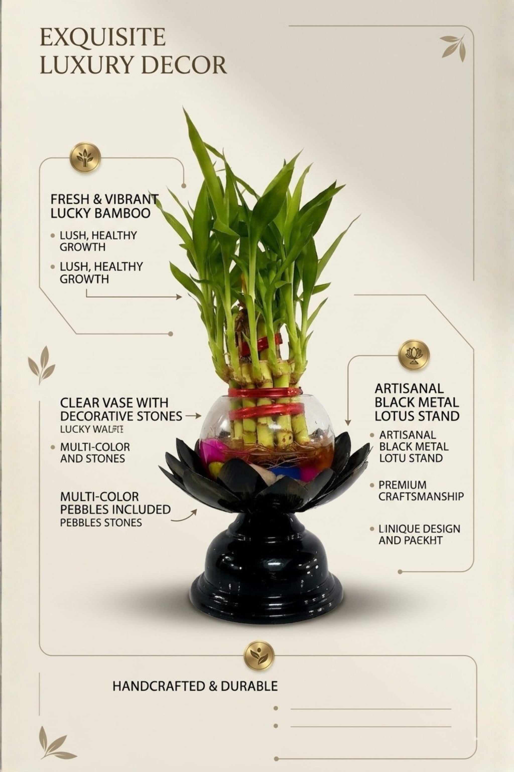 Lucky Bamboo Plant in Glass Bowl with Lotus Design Metal Stand | Decorative Indoor Feng Shui Plant for Home & Office Décor