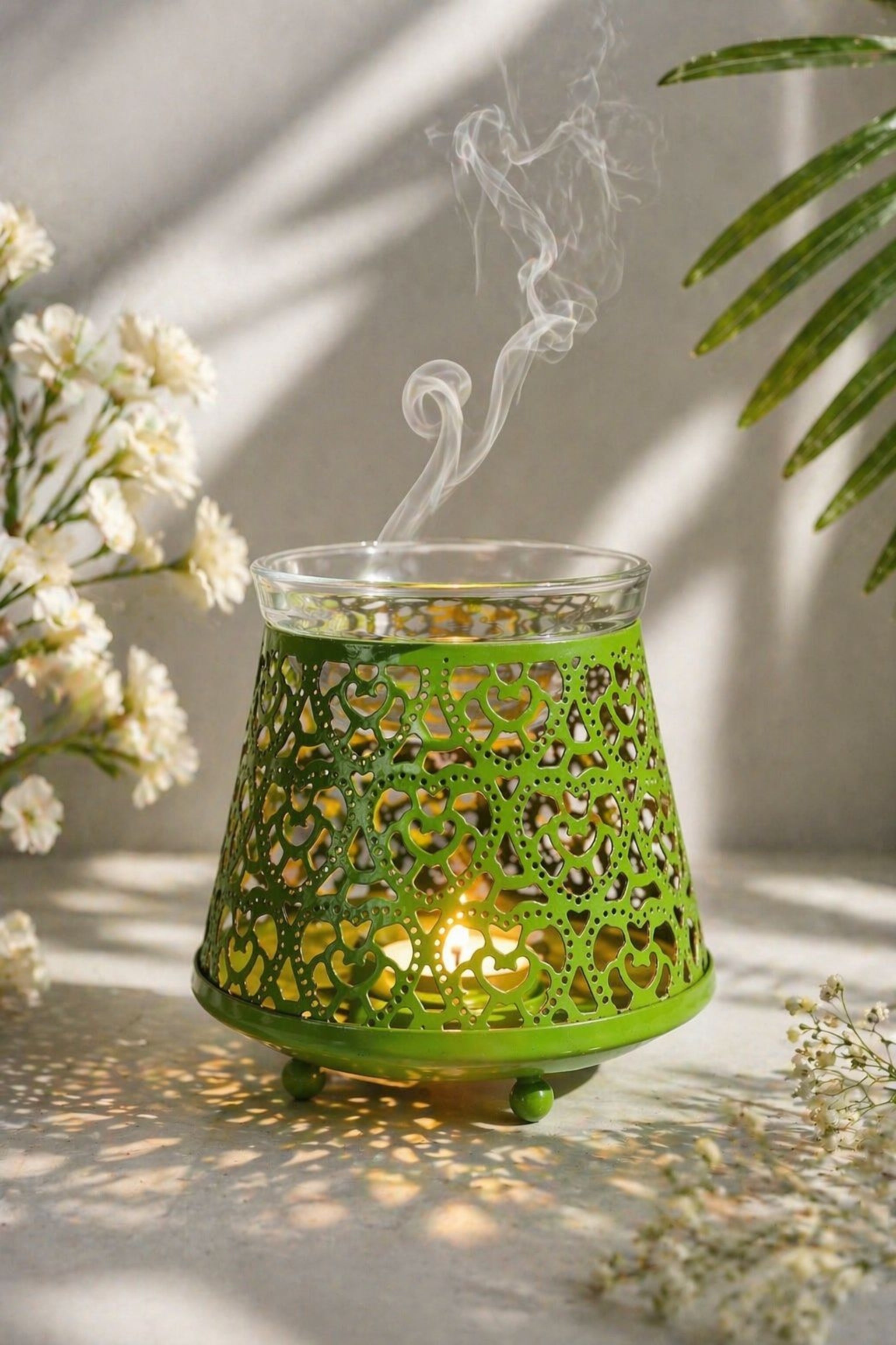 Green Tealight Aroma Diffuser with Decorative Cutwork Design | Essential Oil Burner with Glass Bowl for Home, Spa & Relaxation | Fragrance Diffuser with Free 10ml Aroma Oil & 2 Tea Light Candles