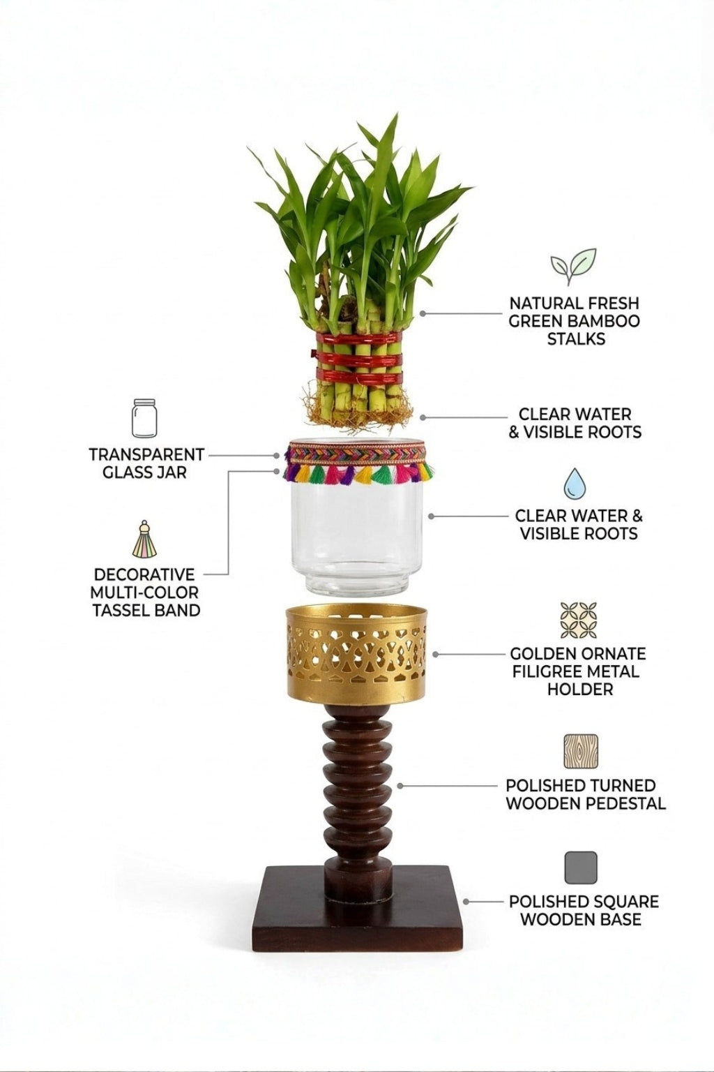 Lucky Bamboo Plant with Decorative Glass Vase & Wooden Pedestal Stand | Indoor Feng Shui Good Luck Plant for Home & Office Décor