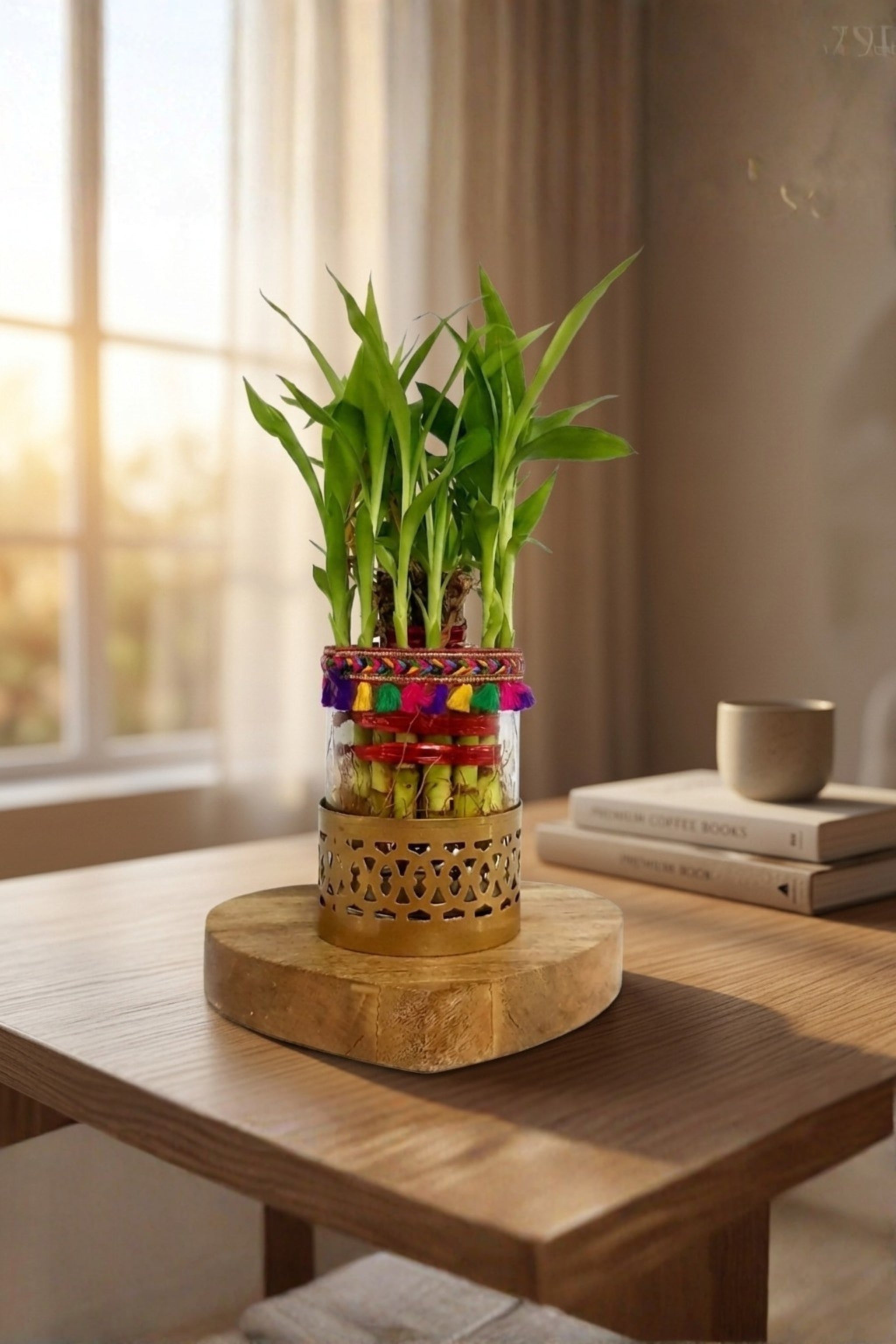 Lucky Bamboo Plant in Decorative Glass Vase with Metal Holder & Wooden Base | Indoor Feng Shui Plant for Home & Office Décor