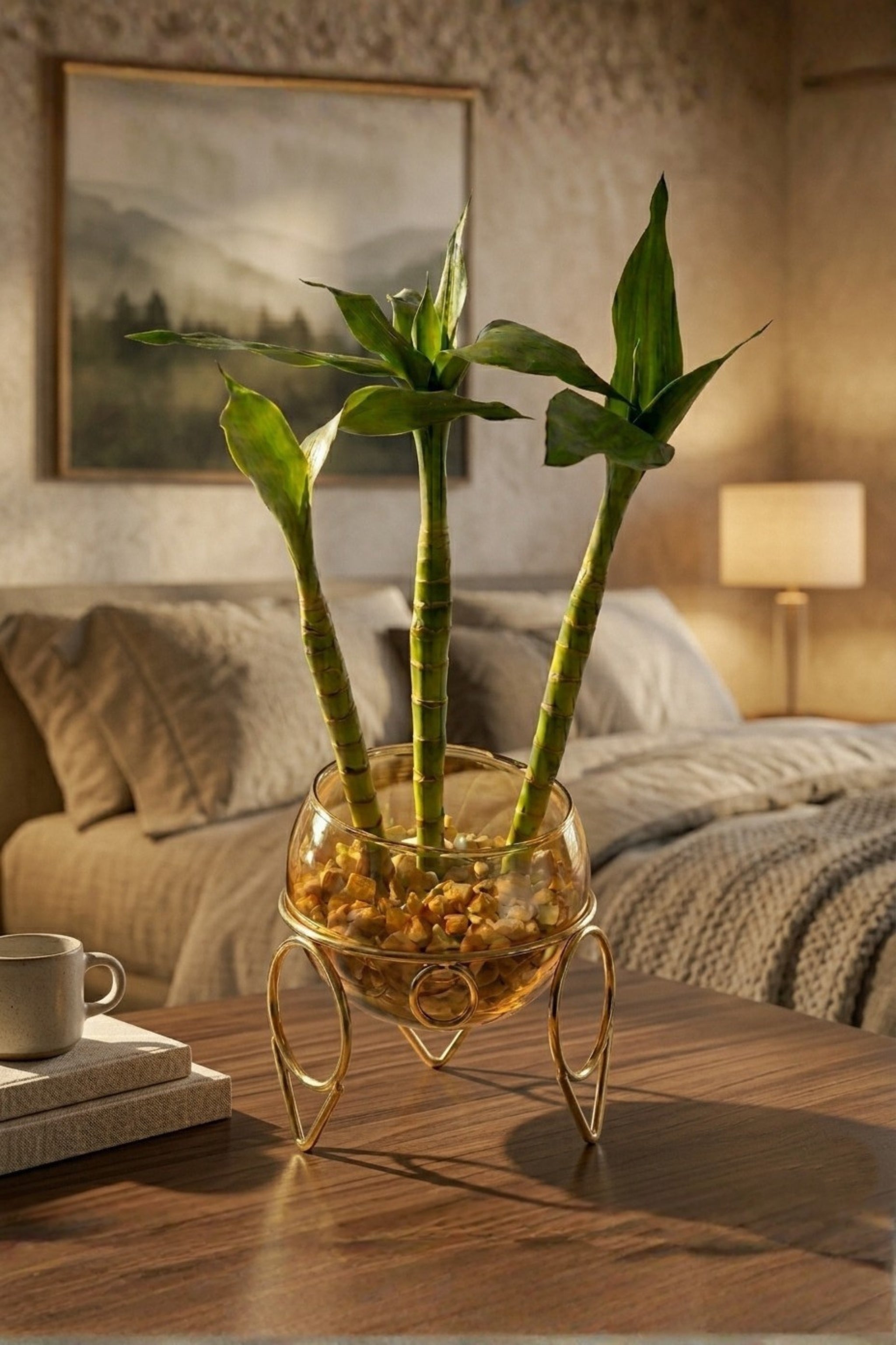 Lucky Bamboo Plant with Glass Bowl & Golden Metal Stand | Indoor Hydroponic Plant for Home & Office Décor | Feng Shui Good Luck Plant