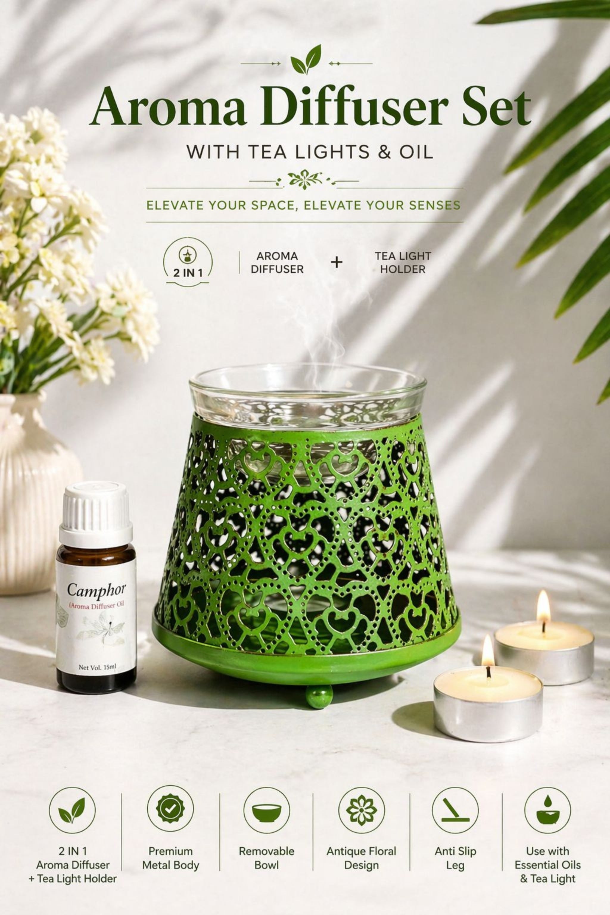 Green Tealight Aroma Diffuser with Decorative Cutwork Design | Essential Oil Burner with Glass Bowl for Home, Spa & Relaxation | Fragrance Diffuser with Free 10ml Aroma Oil & 2 Tea Light Candles