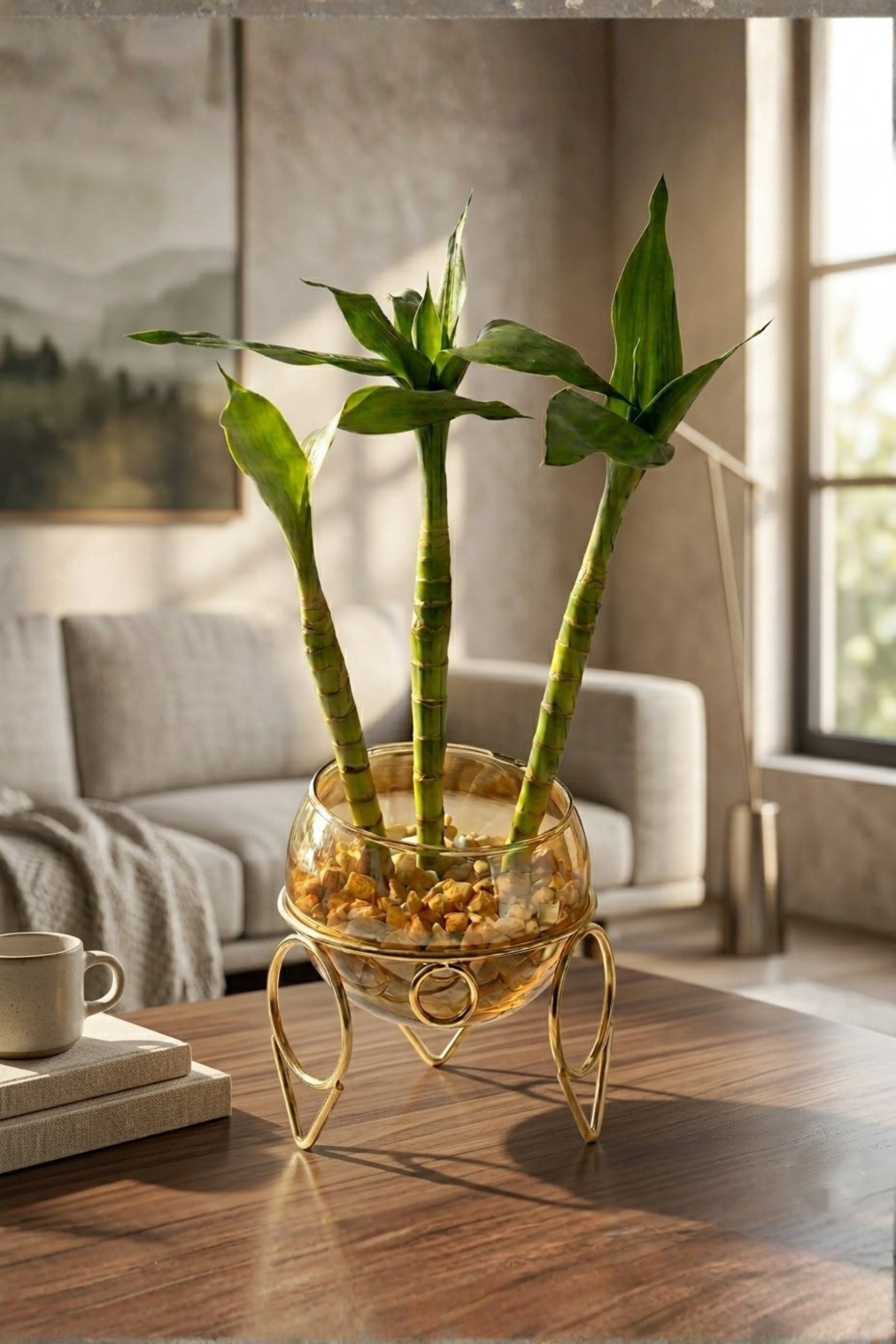 Lucky Bamboo Plant with Glass Bowl & Golden Metal Stand | Indoor Hydroponic Plant for Home & Office Décor | Feng Shui Good Luck Plant
