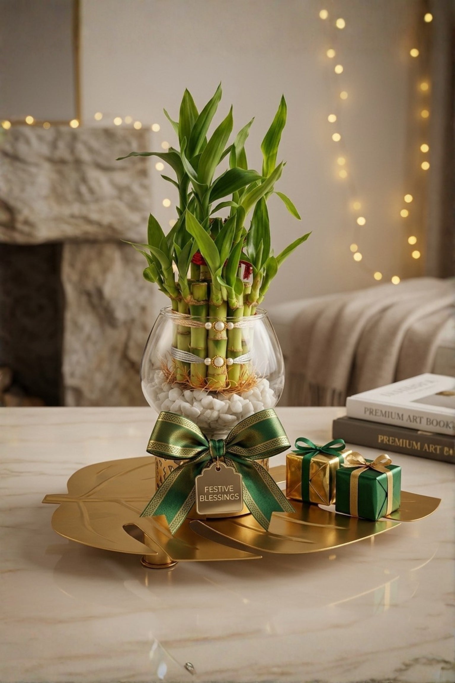 Lucky Bamboo Plant with Glass Vase & Golden Leaf Tray | Decorative Indoor Plant Gift Set | Feng Shui Good Luck Home Décor